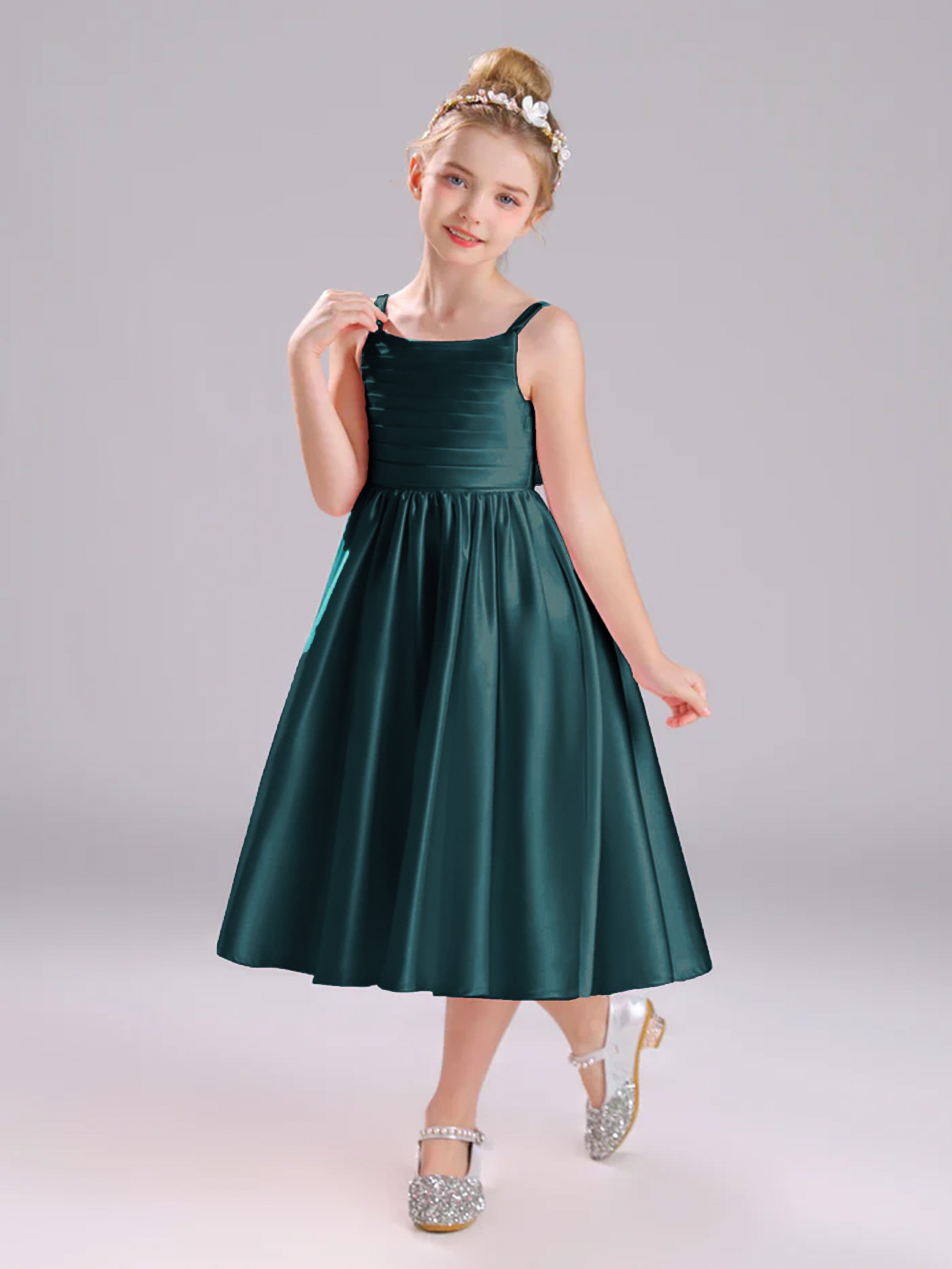 Col Bateau Bretelles Spaghetti Satin Plissée Robe Fille