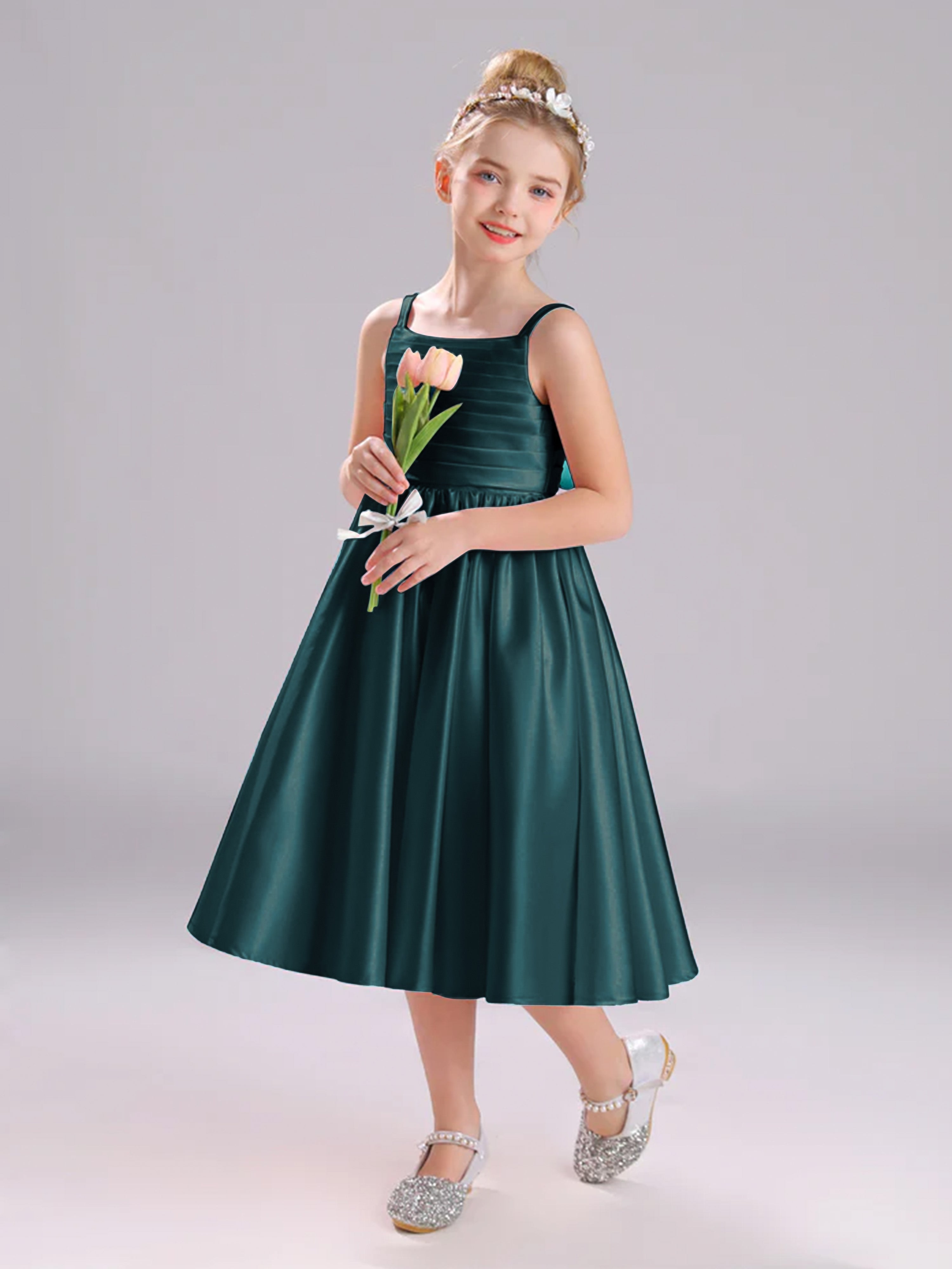 Col Bateau Bretelles Spaghetti Satin Plissée Robe Fille