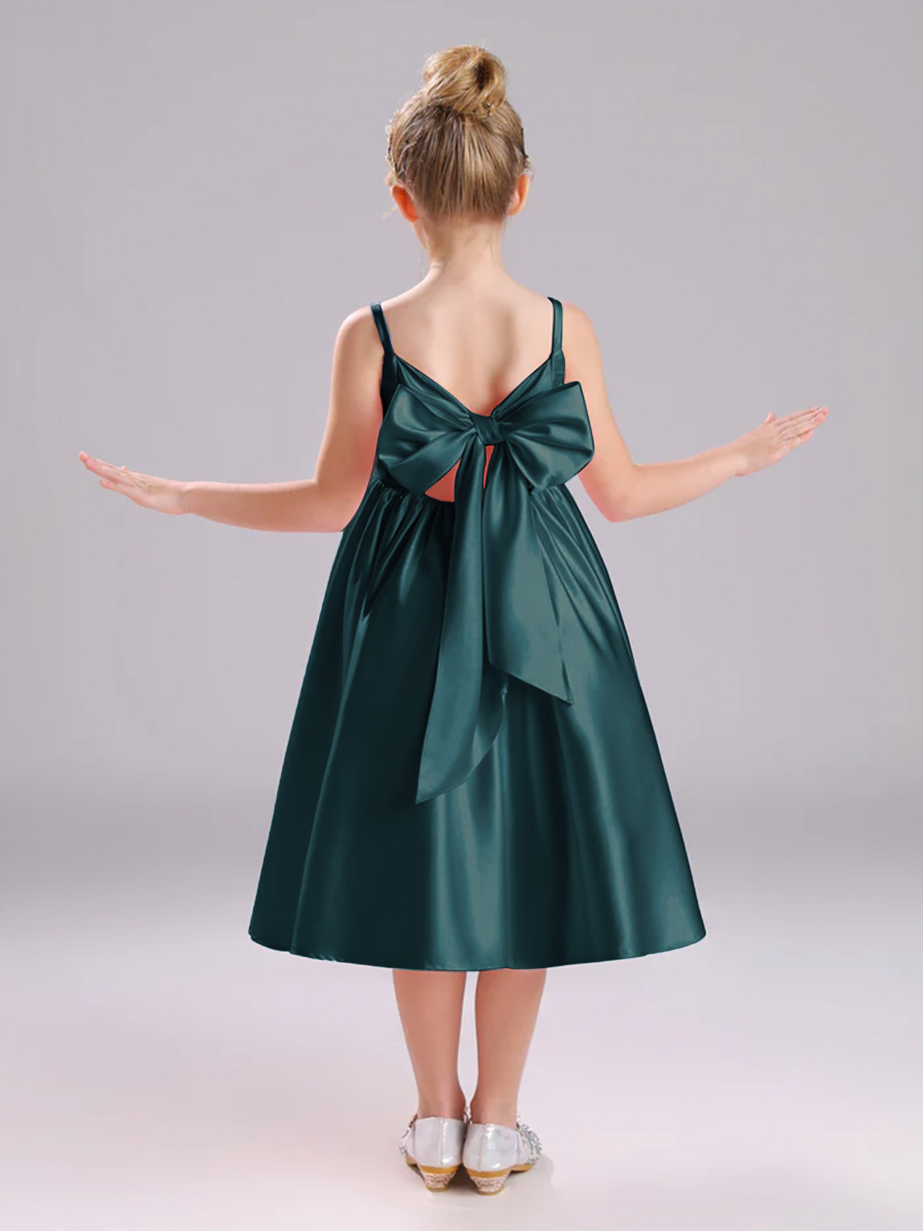 Col Bateau Bretelles Spaghetti Satin Plissée Robe Fille