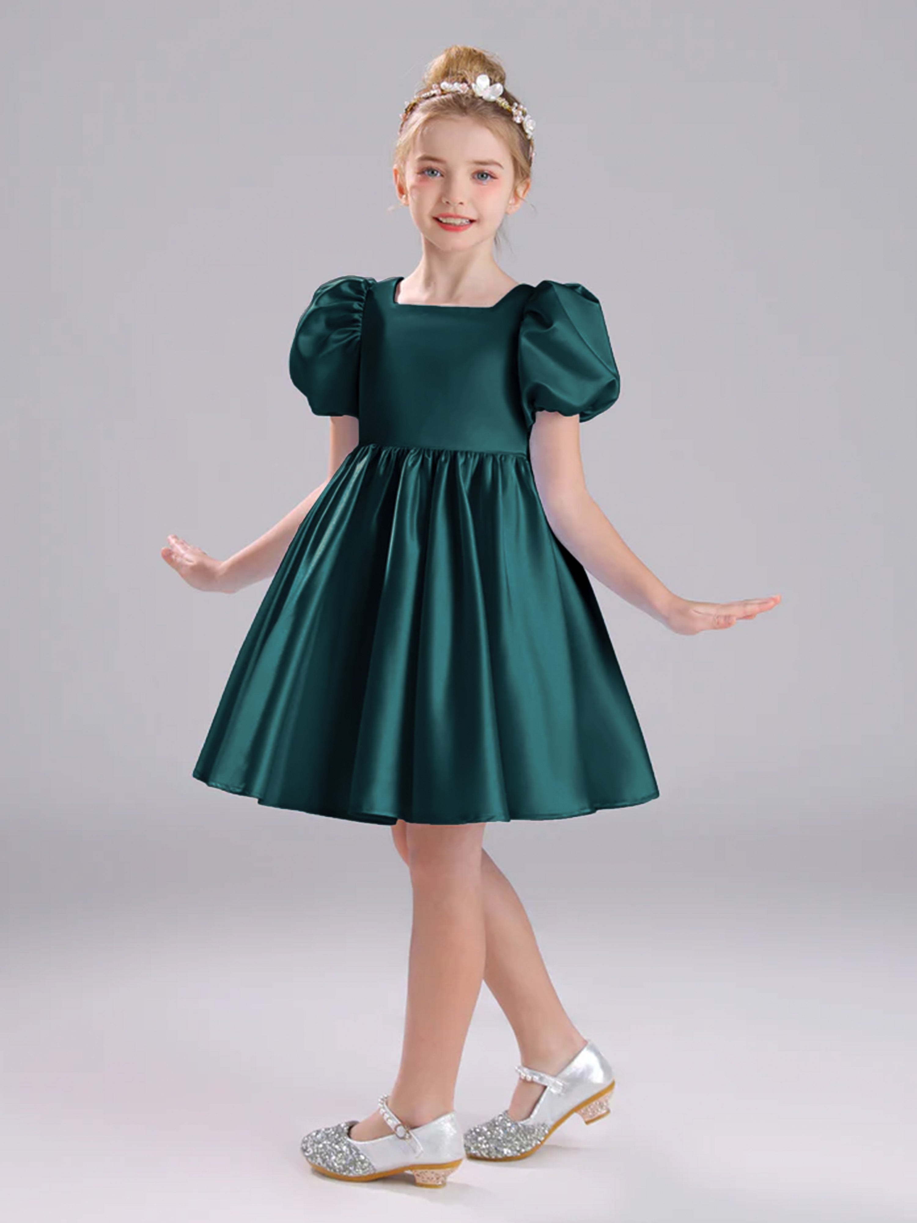 Col Carré Mancherons Satin Courte Robe Fille