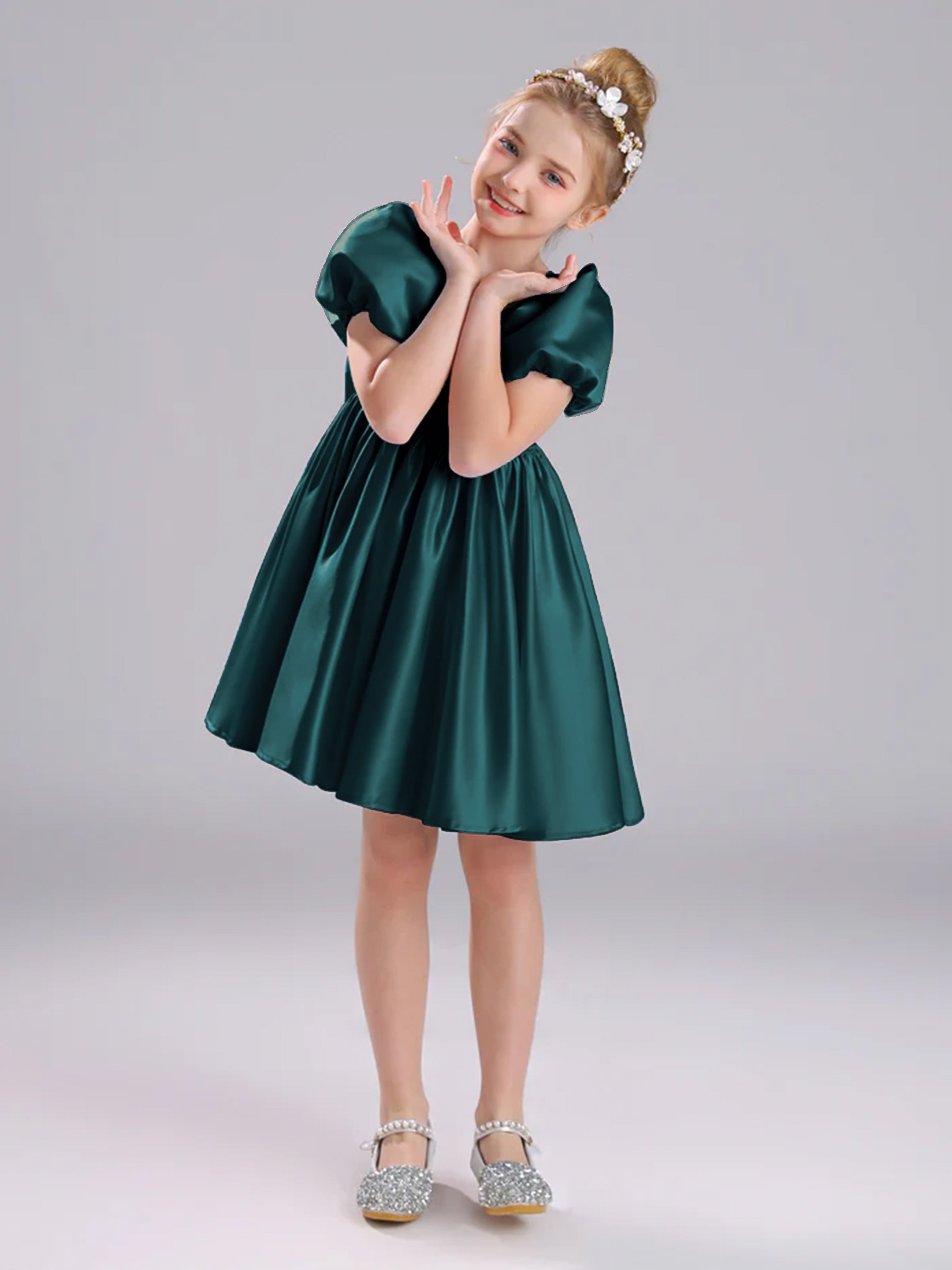 Col Carré Mancherons Satin Courte Robe Fille