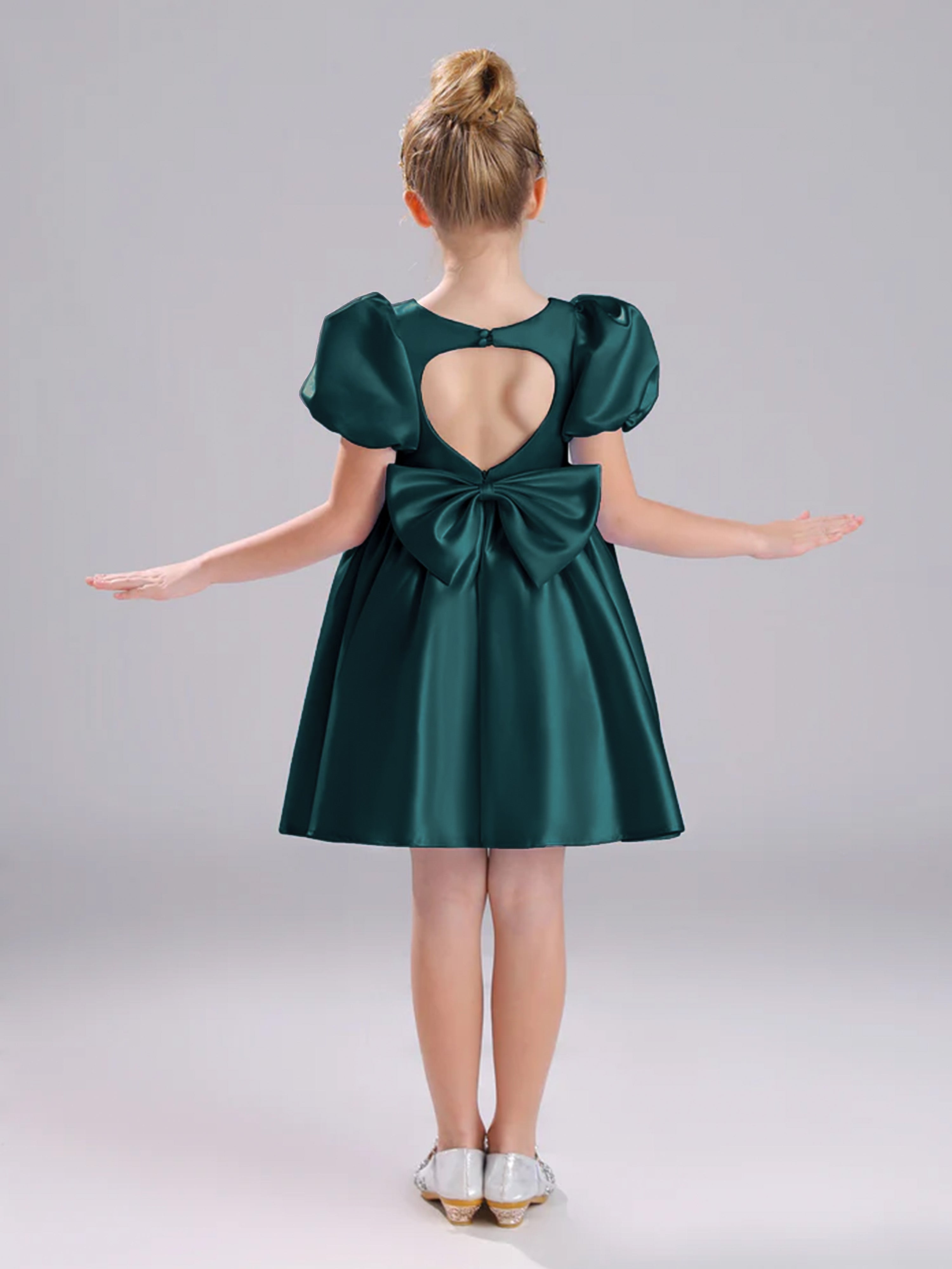 Col Carré Mancherons Satin Courte Robe Fille
