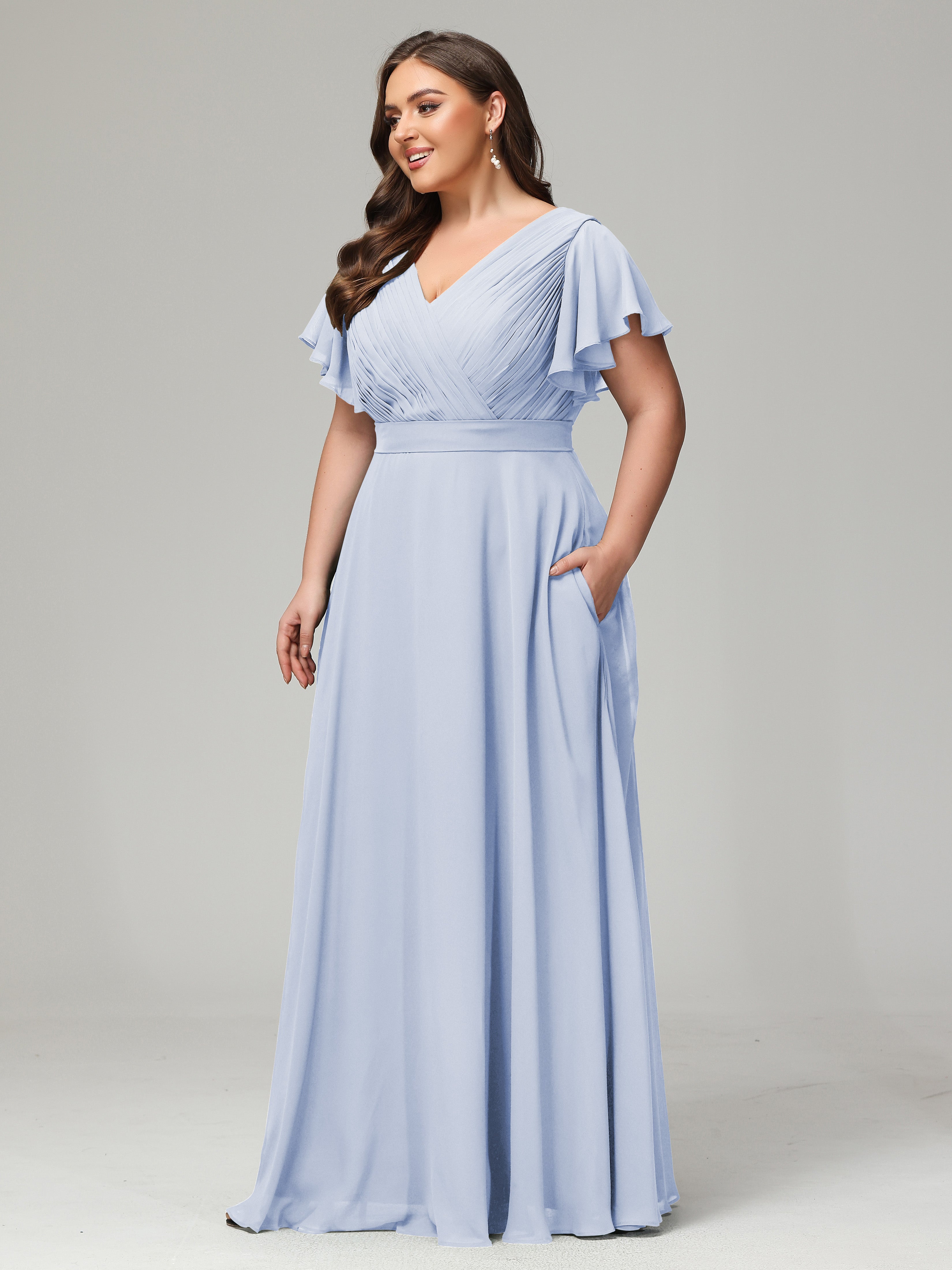Robe De Demoiselle D Honneur Bleu Ciel Grande Taille Dos En V Manches Courtes Mousseline
