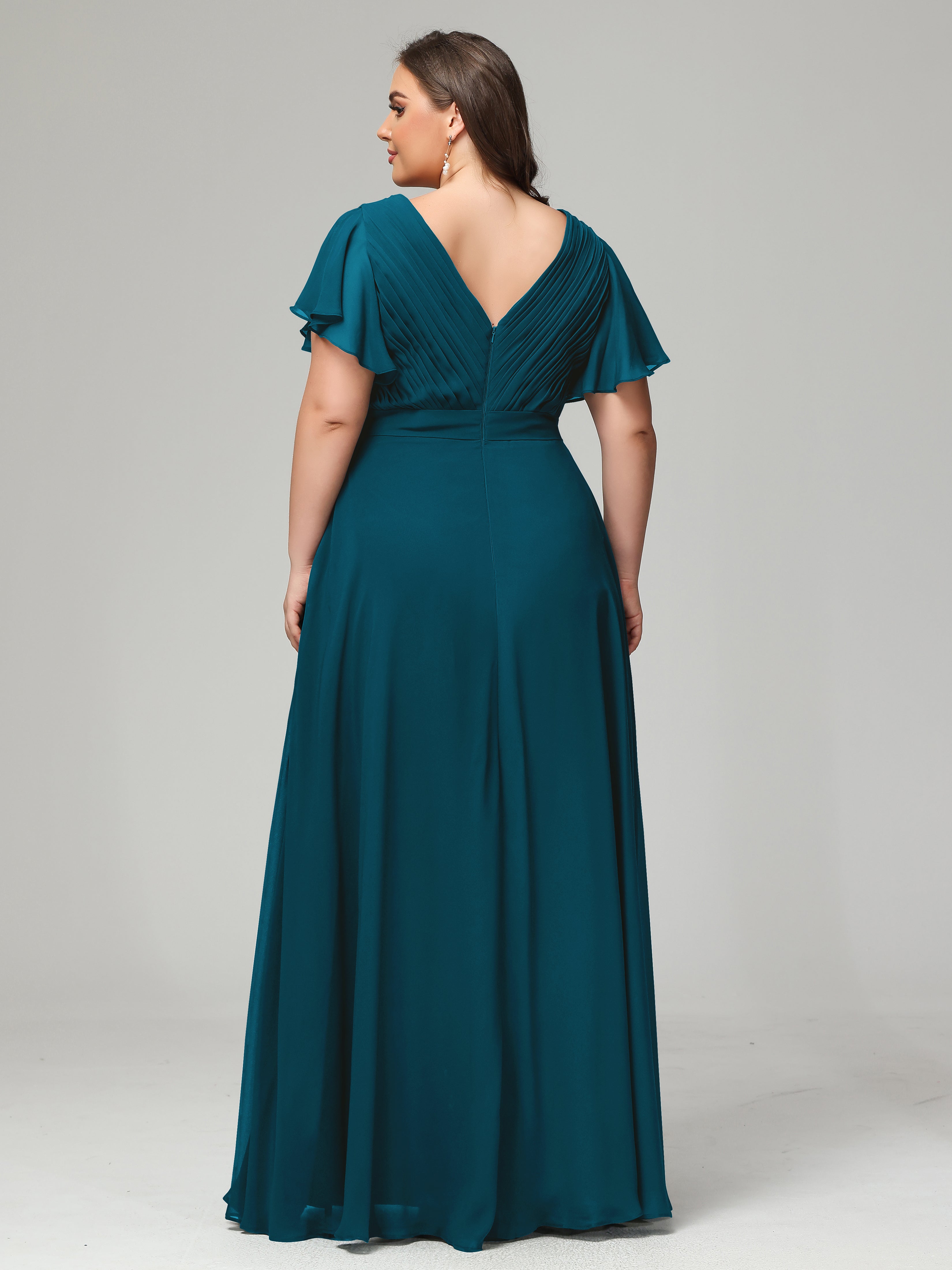Robe De Demoiselle D'Honneur Bleu Encre Grande Taille Dos En V Manches Courtes Mousseline