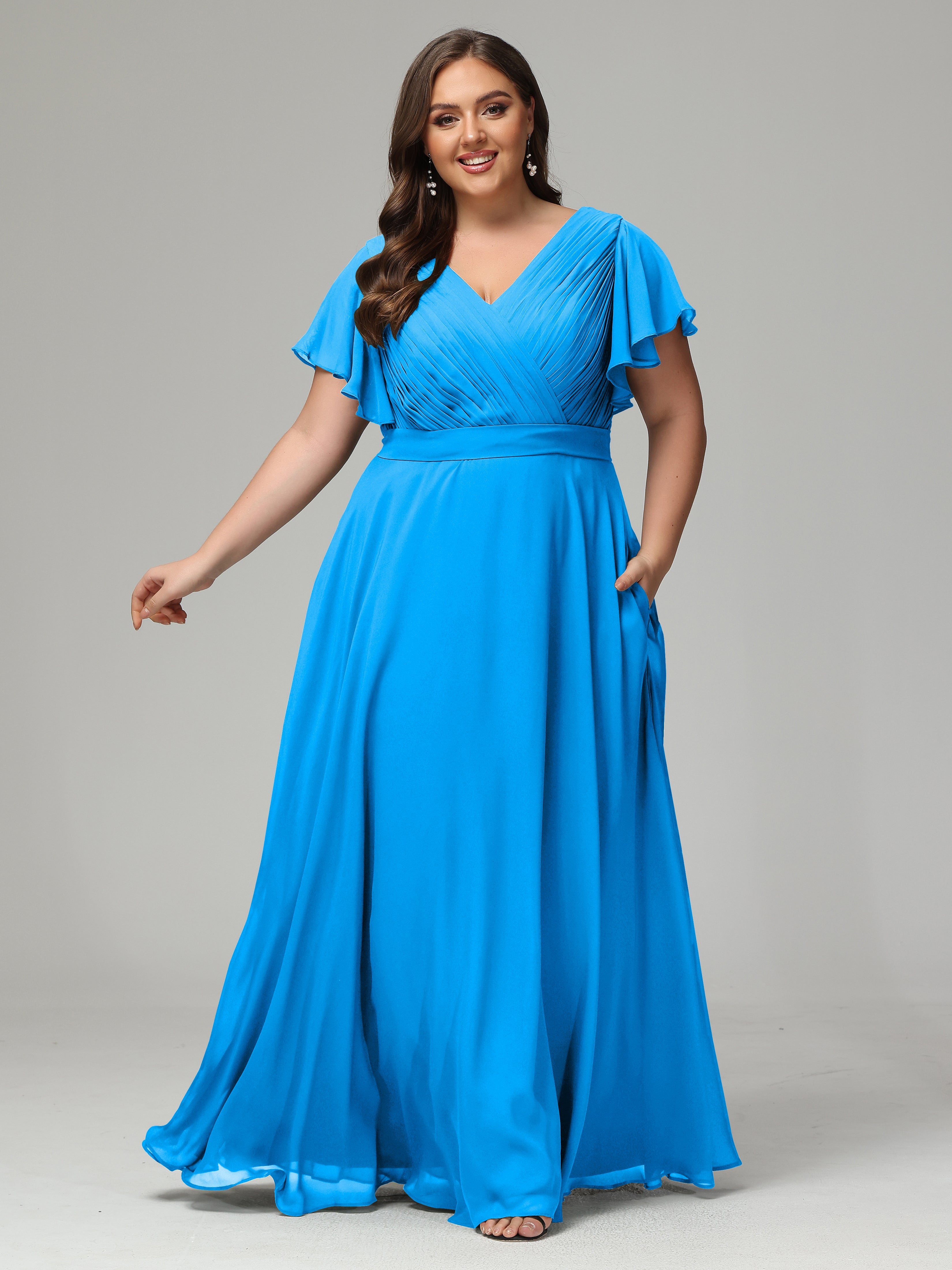 Robes De Demoiselle D'Honneur Bleu Océan Grande Taille Dos En V Manches Courtes Mousseline