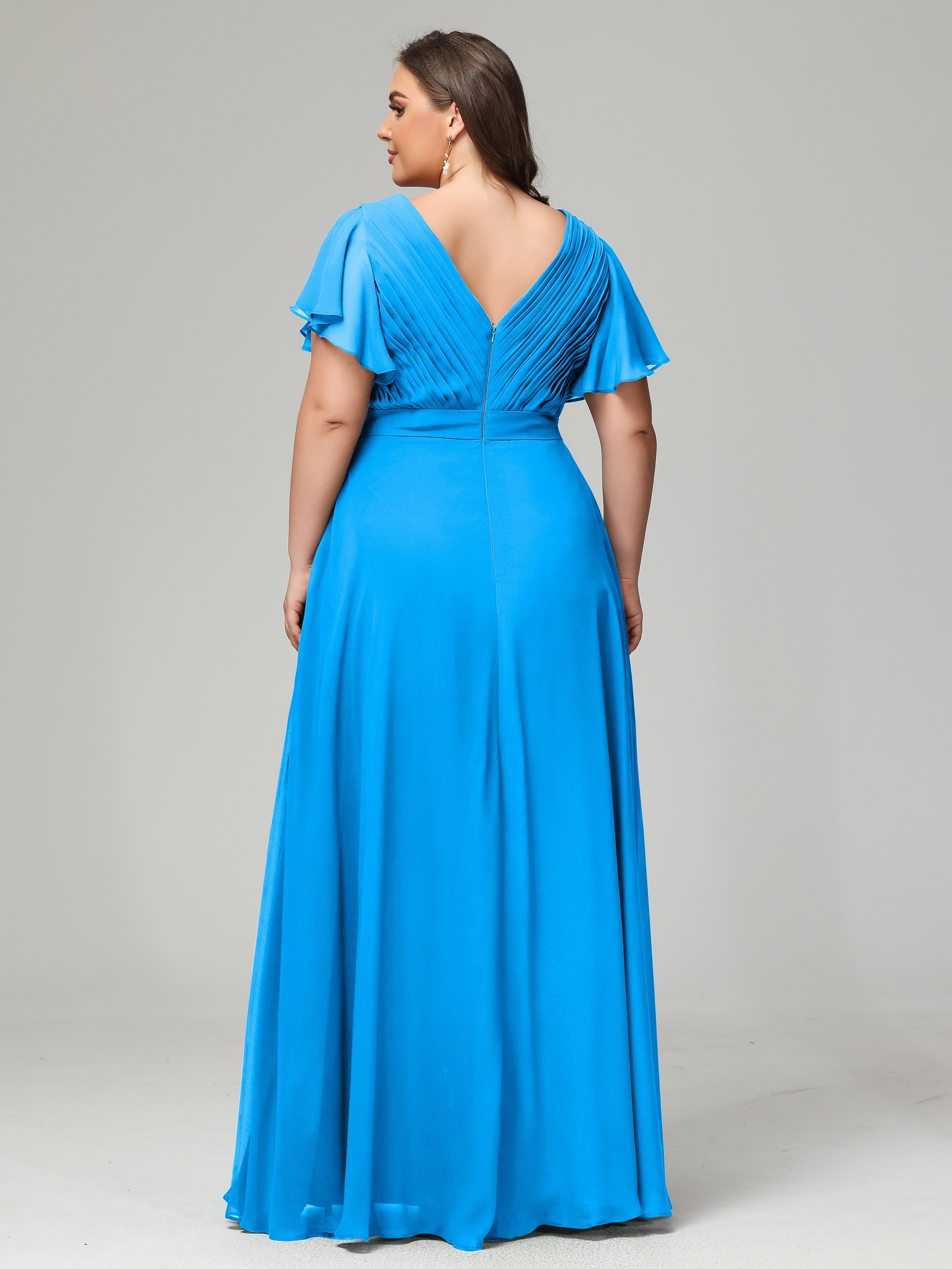 Robes De Demoiselle D'Honneur Bleu Océan Grande Taille Dos En V Manches Courtes Mousseline