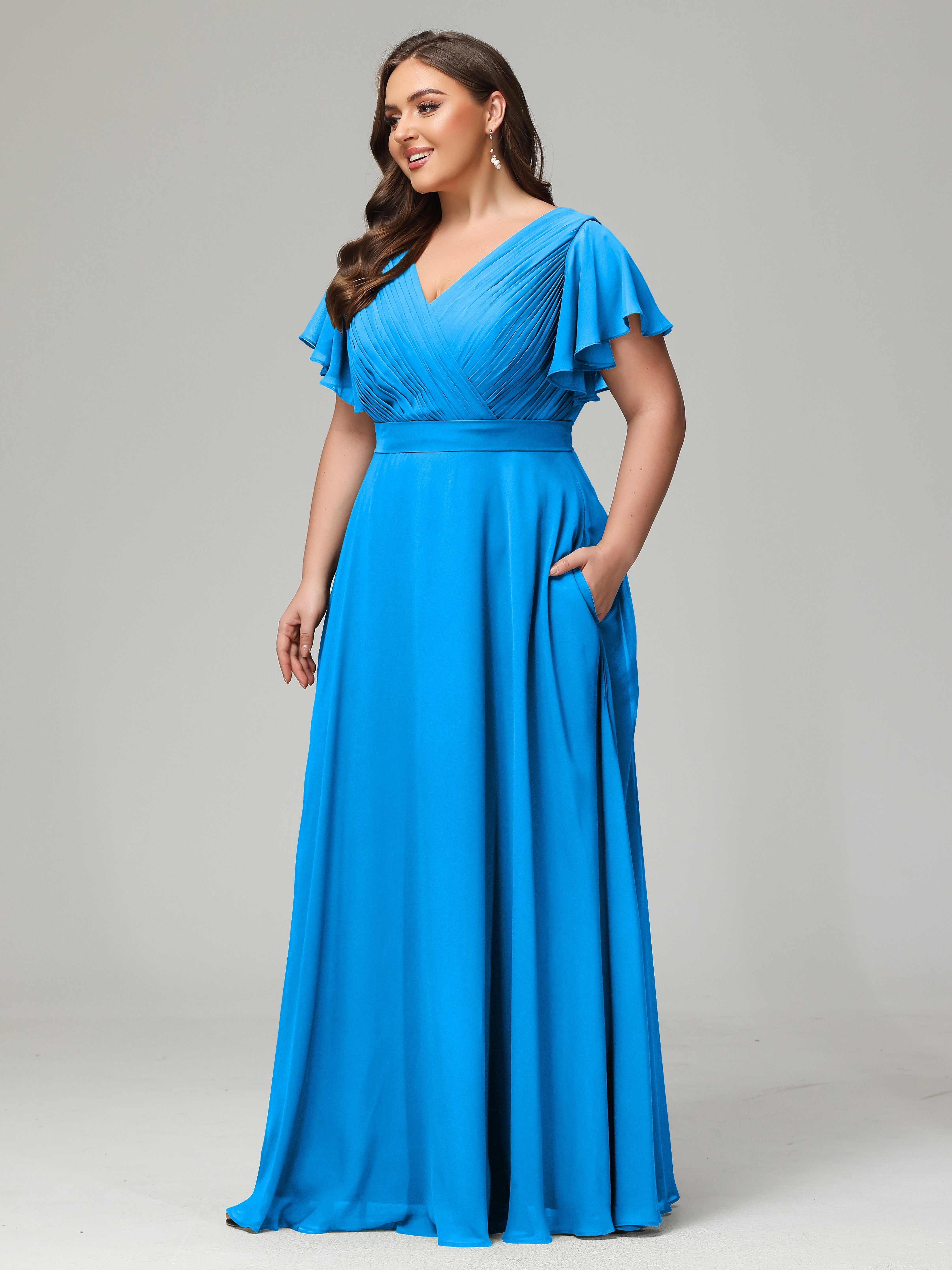 Robes De Demoiselle D'Honneur Bleu Océan Grande Taille Dos En V Manches Courtes Mousseline