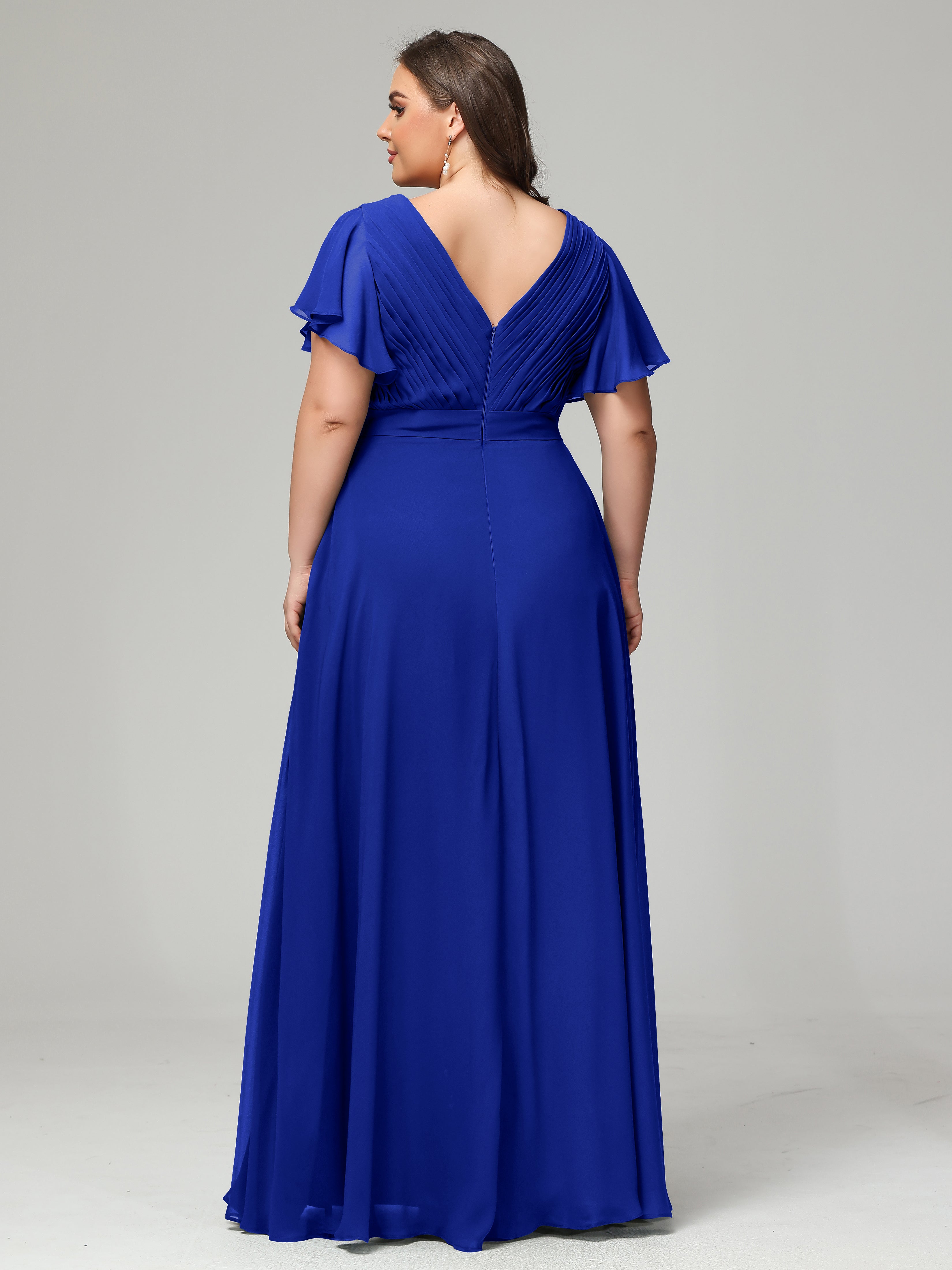 Demoiselle D'Honneur Bleu Royal Grande Taille Dos En V Manches Courtes Mousseline