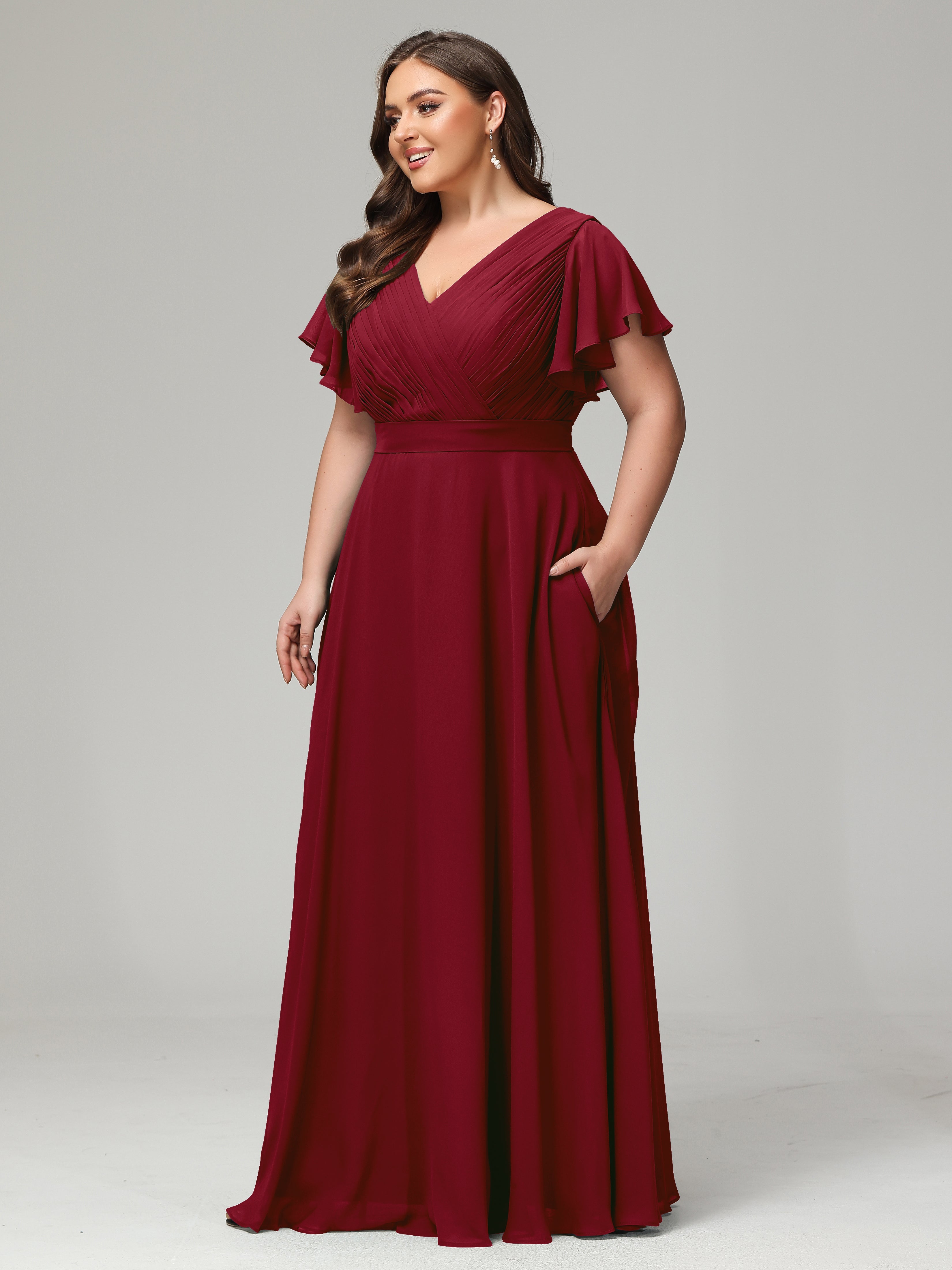 Robes De Demoiselle D'Honneur Bordeaux Grande Taille Dos En V Manches Courtes Mousseline