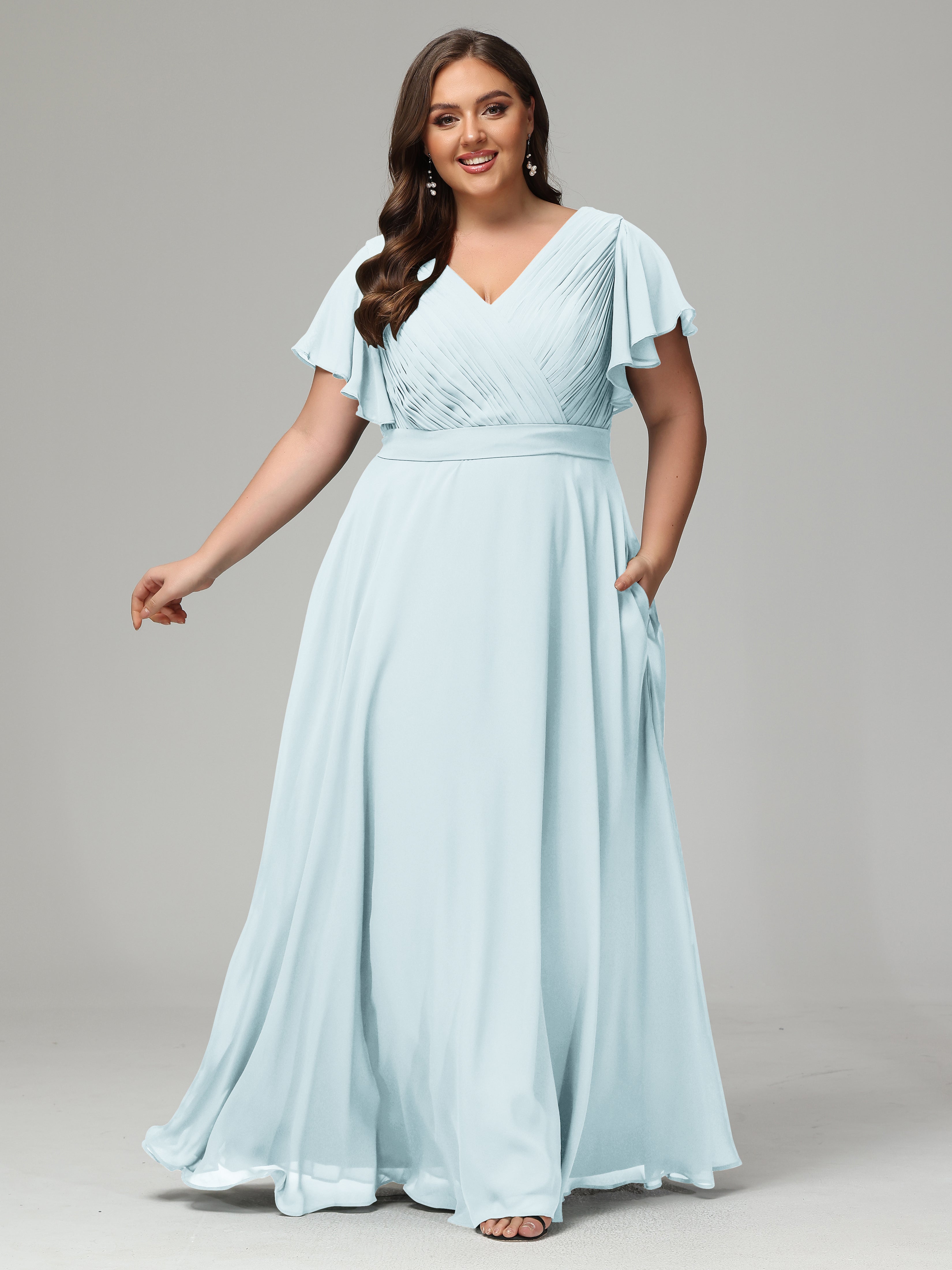 Robe De Demoiselle D'Honneur Brume Grande Taille Dos En V Manches Courtes Mousseline