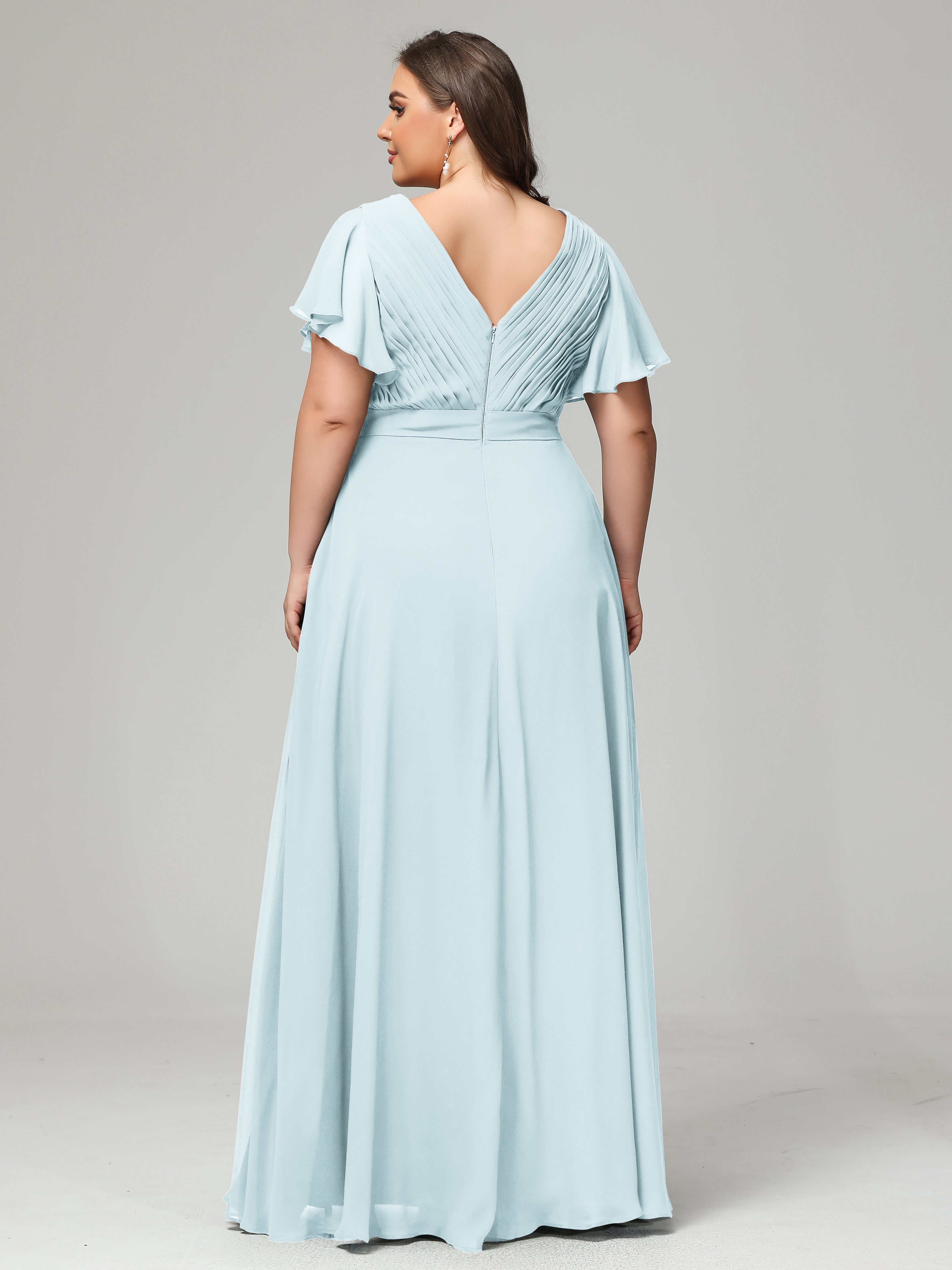Robe De Demoiselle D'Honneur Brume Grande Taille Dos En V Manches Courtes Mousseline