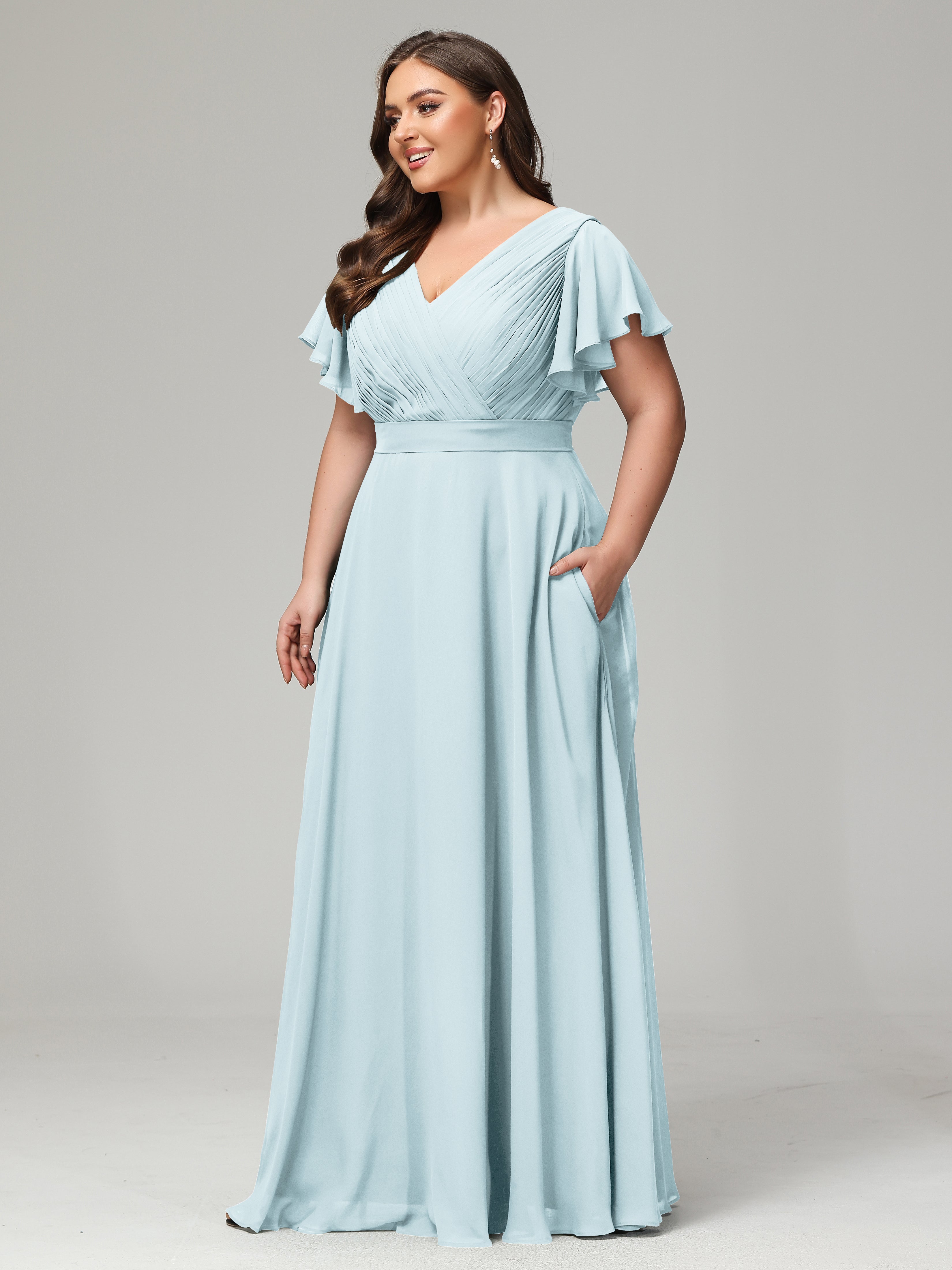 Robe De Demoiselle D'Honneur Brume Grande Taille Dos En V Manches Courtes Mousseline