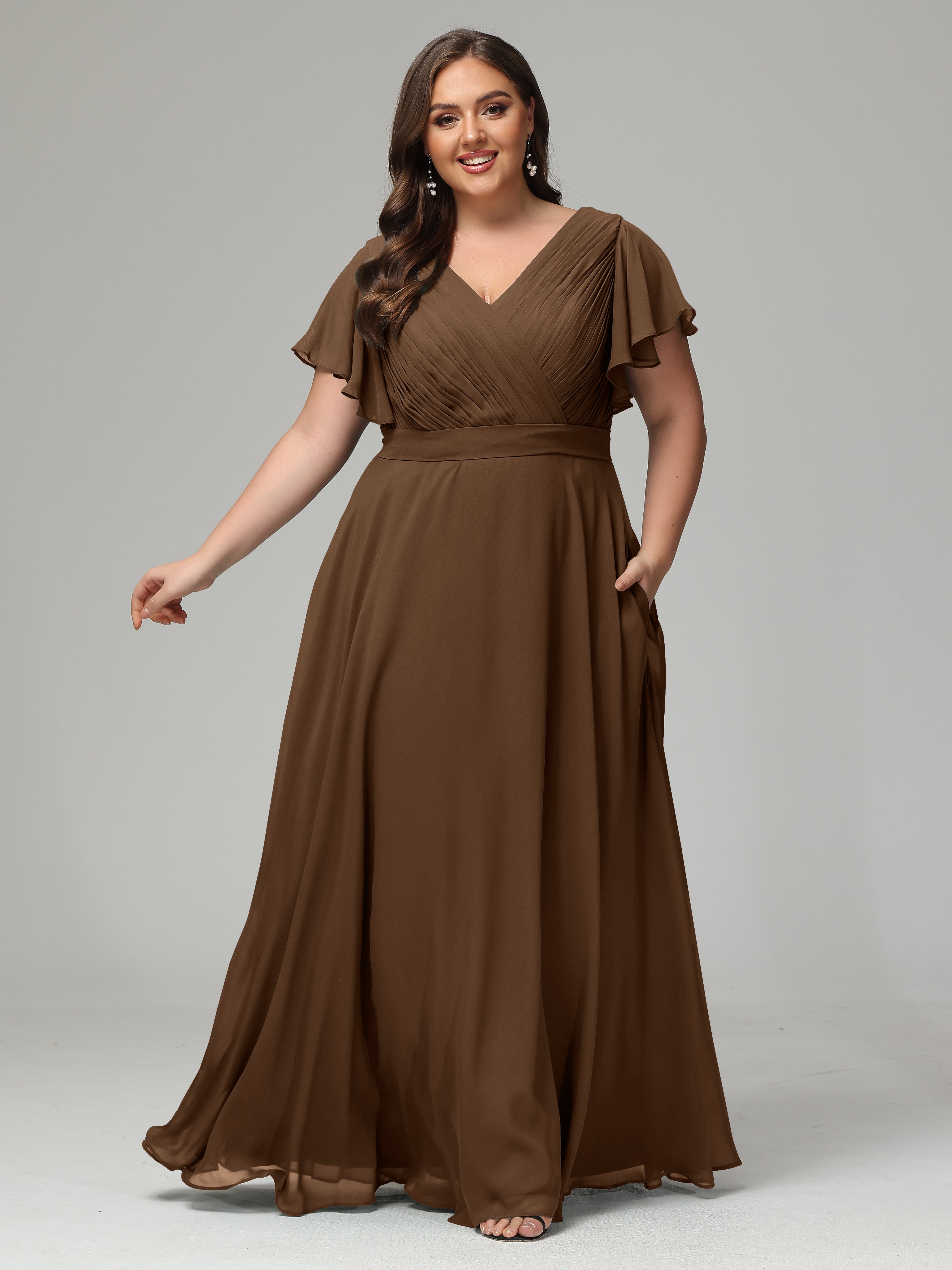 Robes De Demoiselle D'Honneur Brun Grande Taille Dos En V Manches Courtes Mousseline