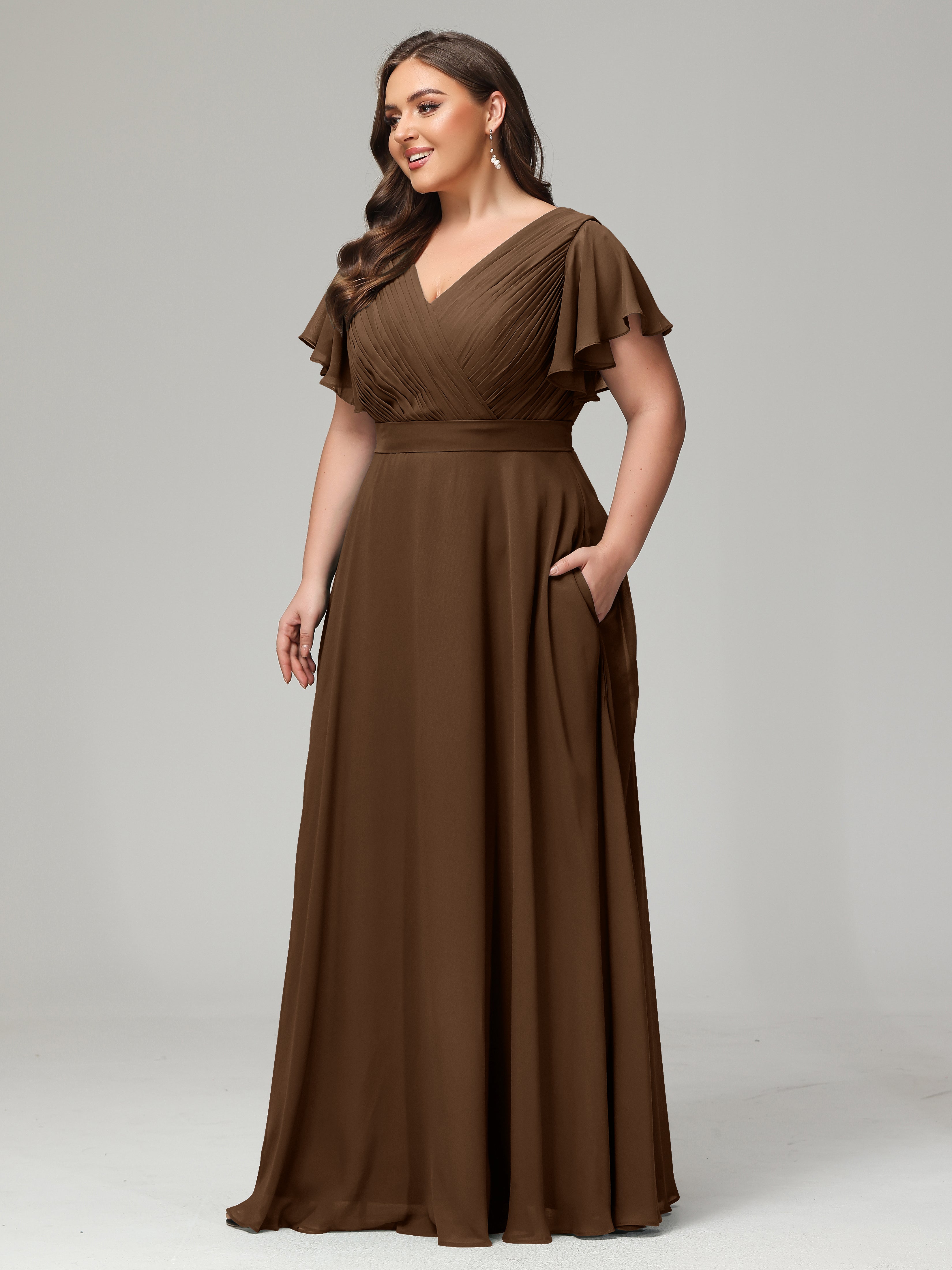 Robes De Demoiselle D'Honneur Brun Grande Taille Dos En V Manches Courtes Mousseline