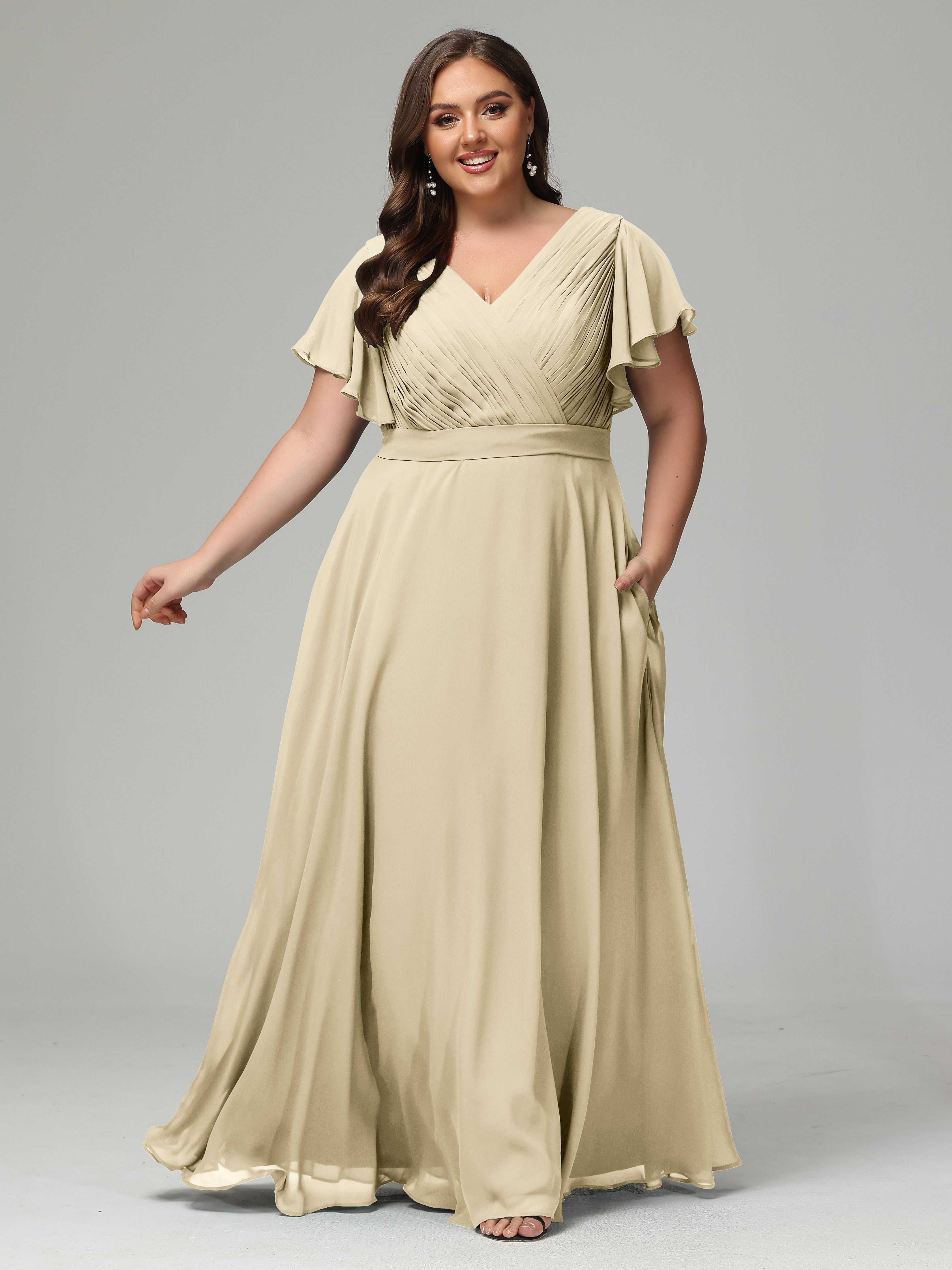 Robe De Demoiselle D'Honneur Champagne Grande Taille Dos En V Manches Courtes Mousseline