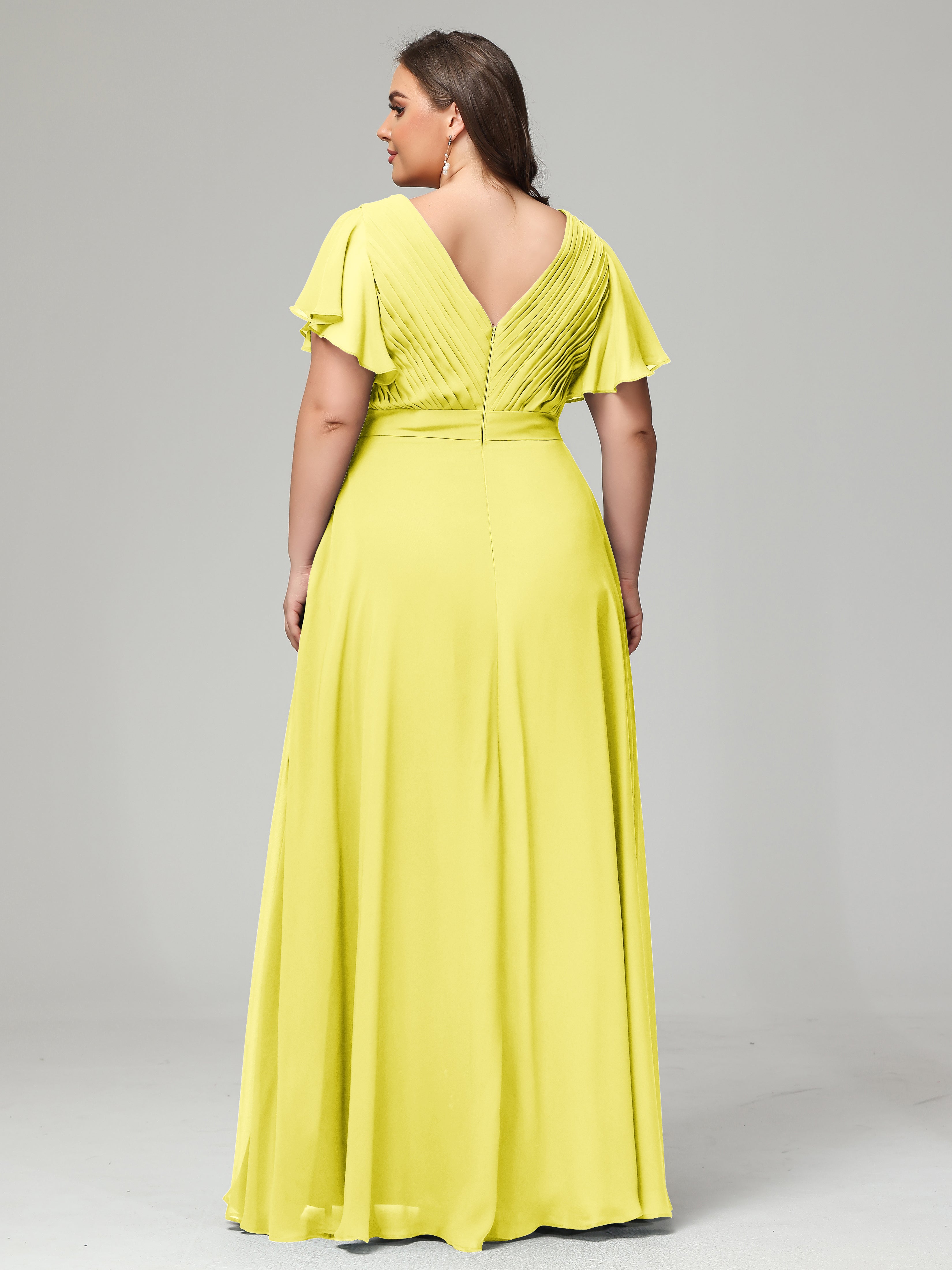 Robes De Demoiselle D'Honneur Citron Grande Taille Dos En V Manches Courtes Mousseline