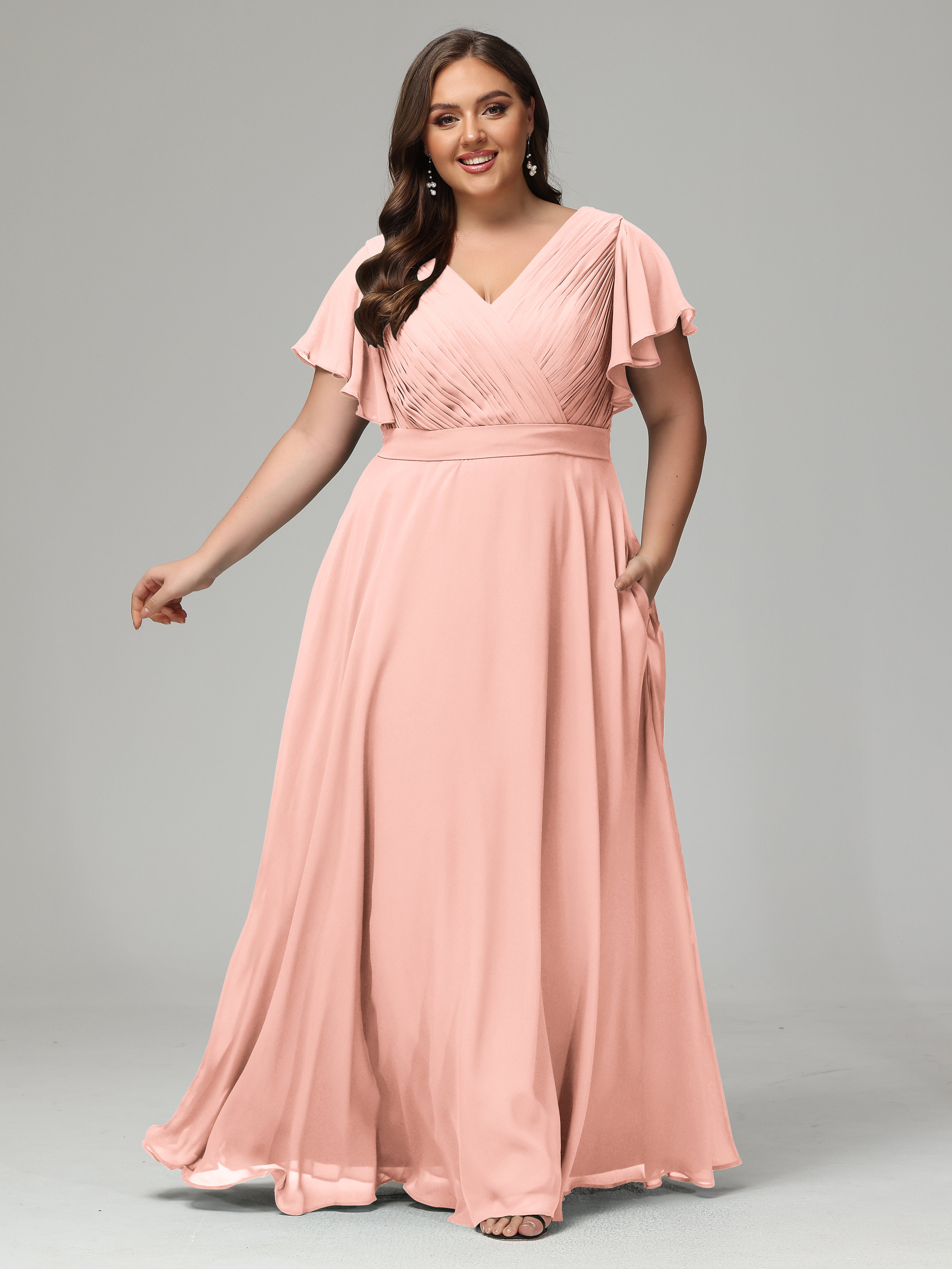 Robe Demoiselle Honneur Corail Grande Taille Dos En V Manches Courtes Mousseline