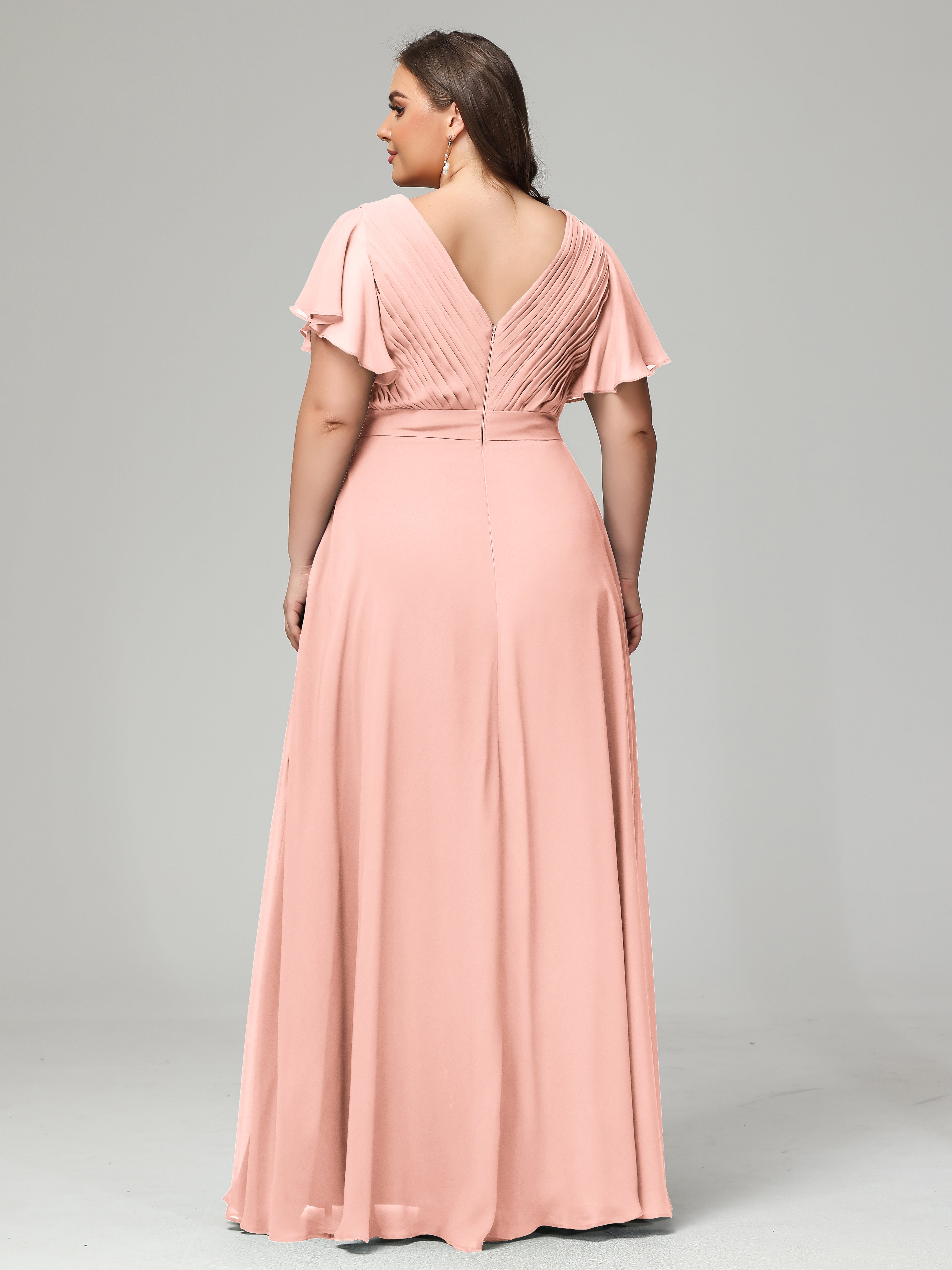 Robe Demoiselle Honneur Corail Grande Taille Dos En V Manches Courtes Mousseline