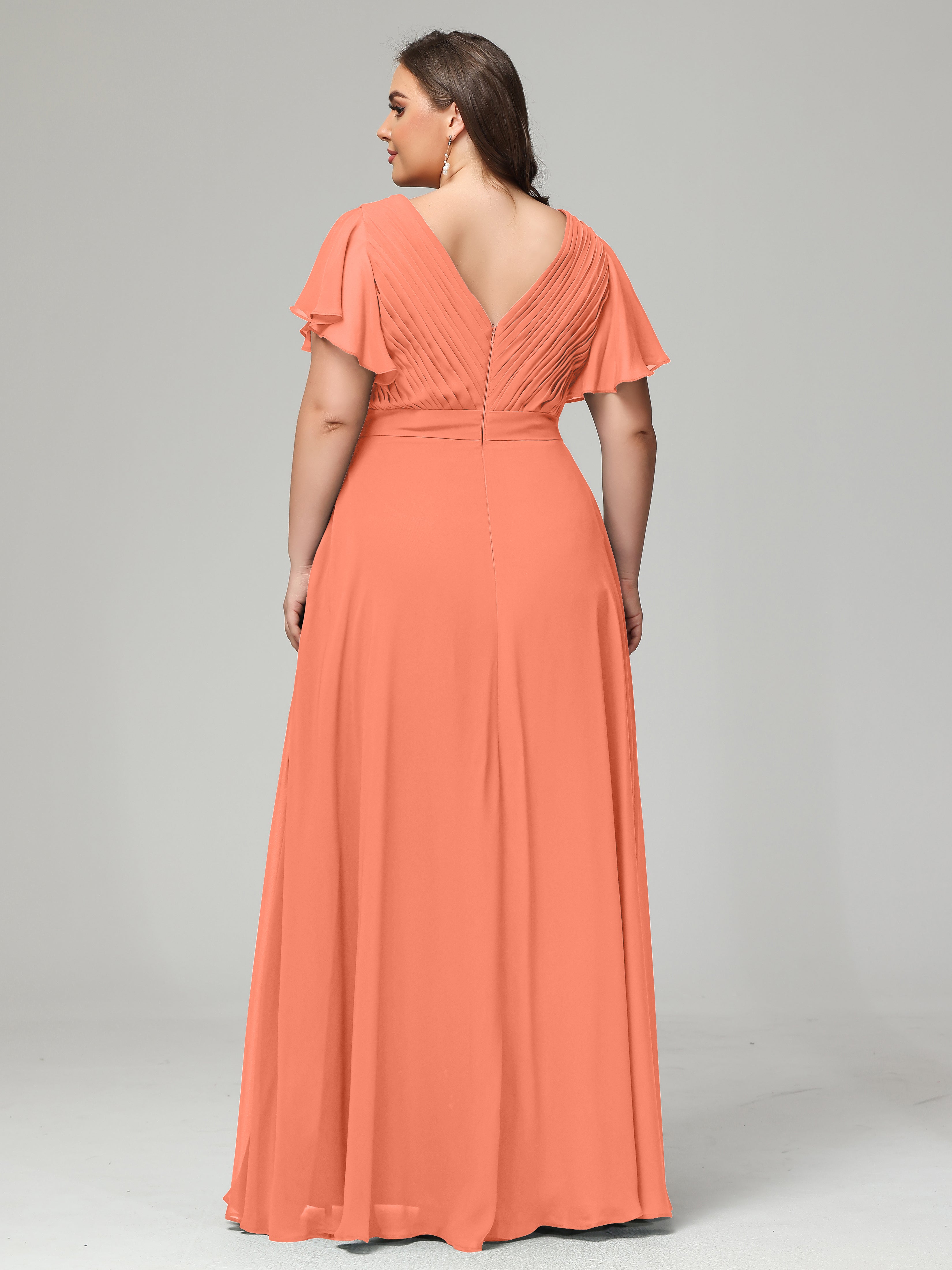 Robes De Demoiselle D'Honneur Coucher De Soleil Grande Taille Dos En V Manches Courtes Mousseline