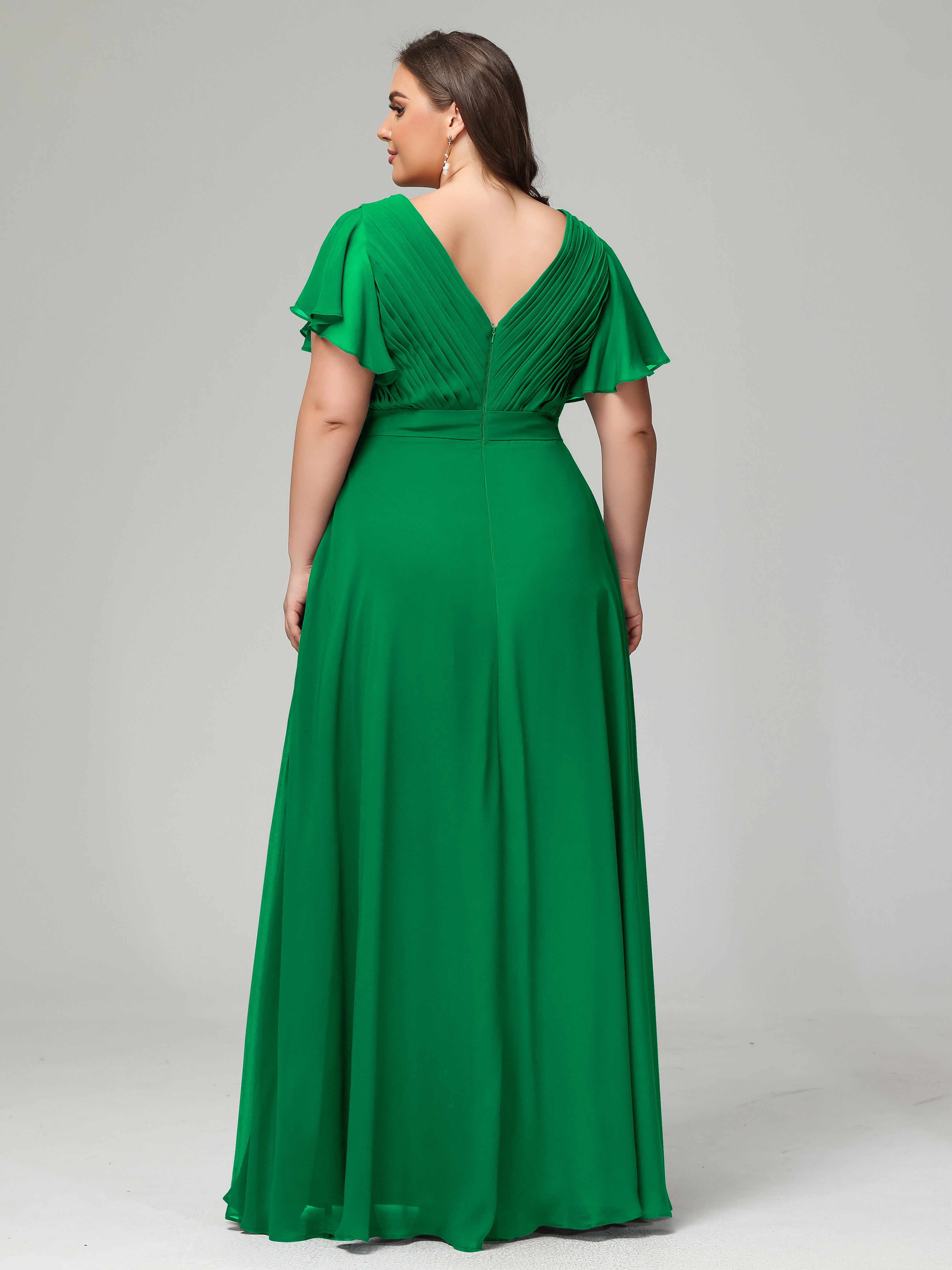 Robes De Demoiselle D'Honneur Vert Émeraude Grande Taille Dos En V Manches Courtes Mousseline