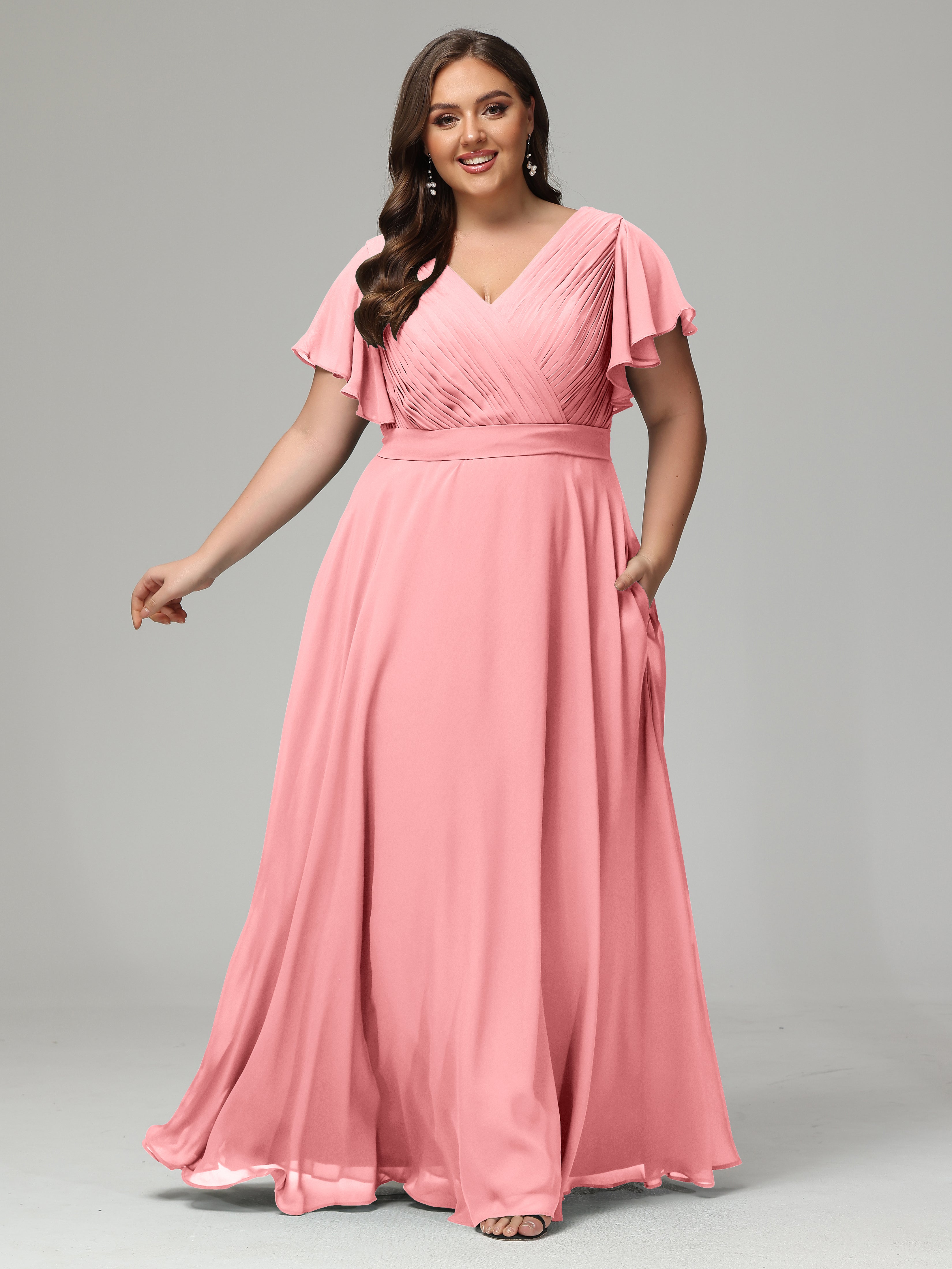 Robes De Demoiselle D'Honneur En Flamant Grande Taille Dos En V Manches Courtes Mousseline