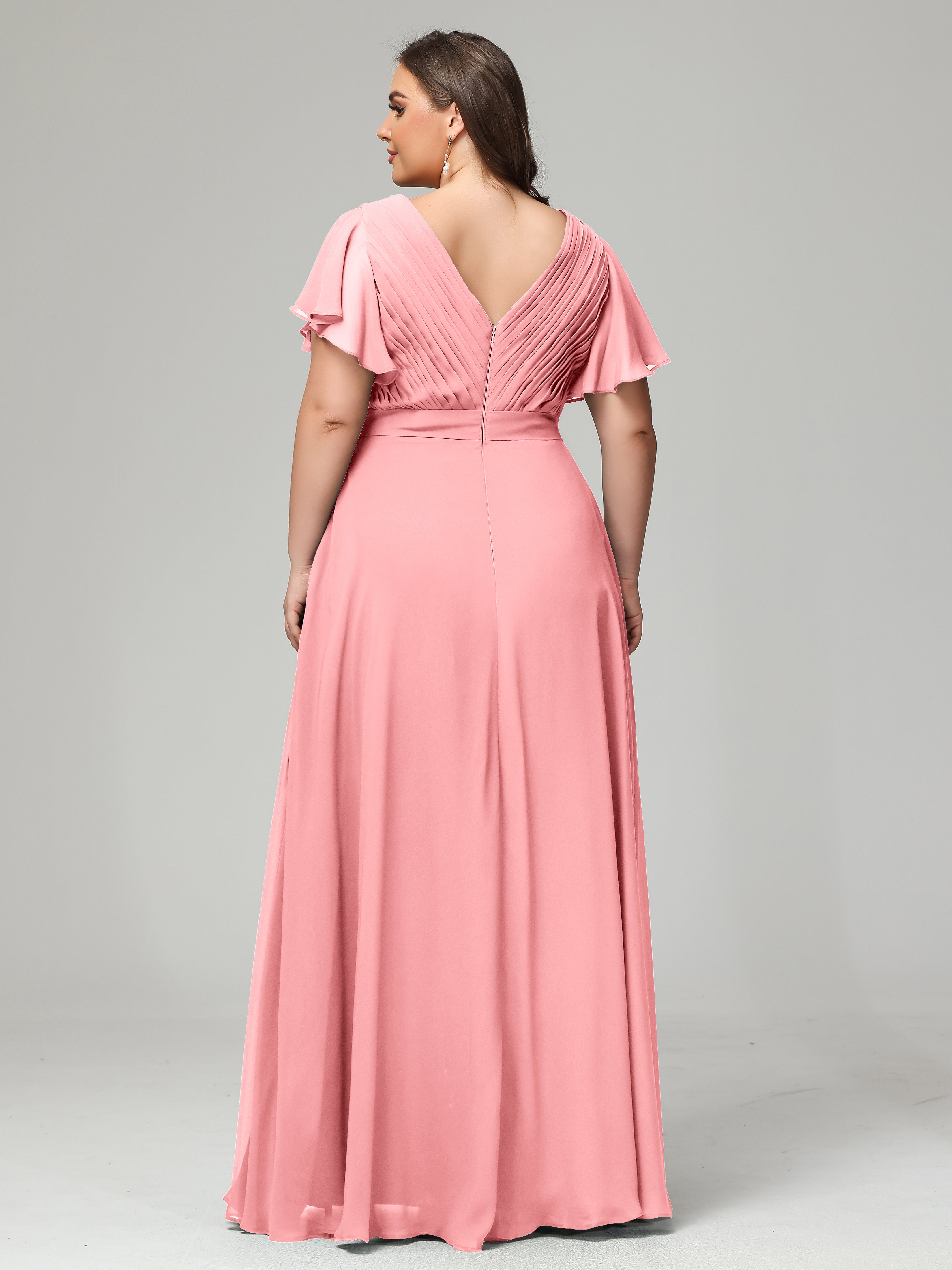 Robes De Demoiselle D'Honneur En Flamant Grande Taille Dos En V Manches Courtes Mousseline