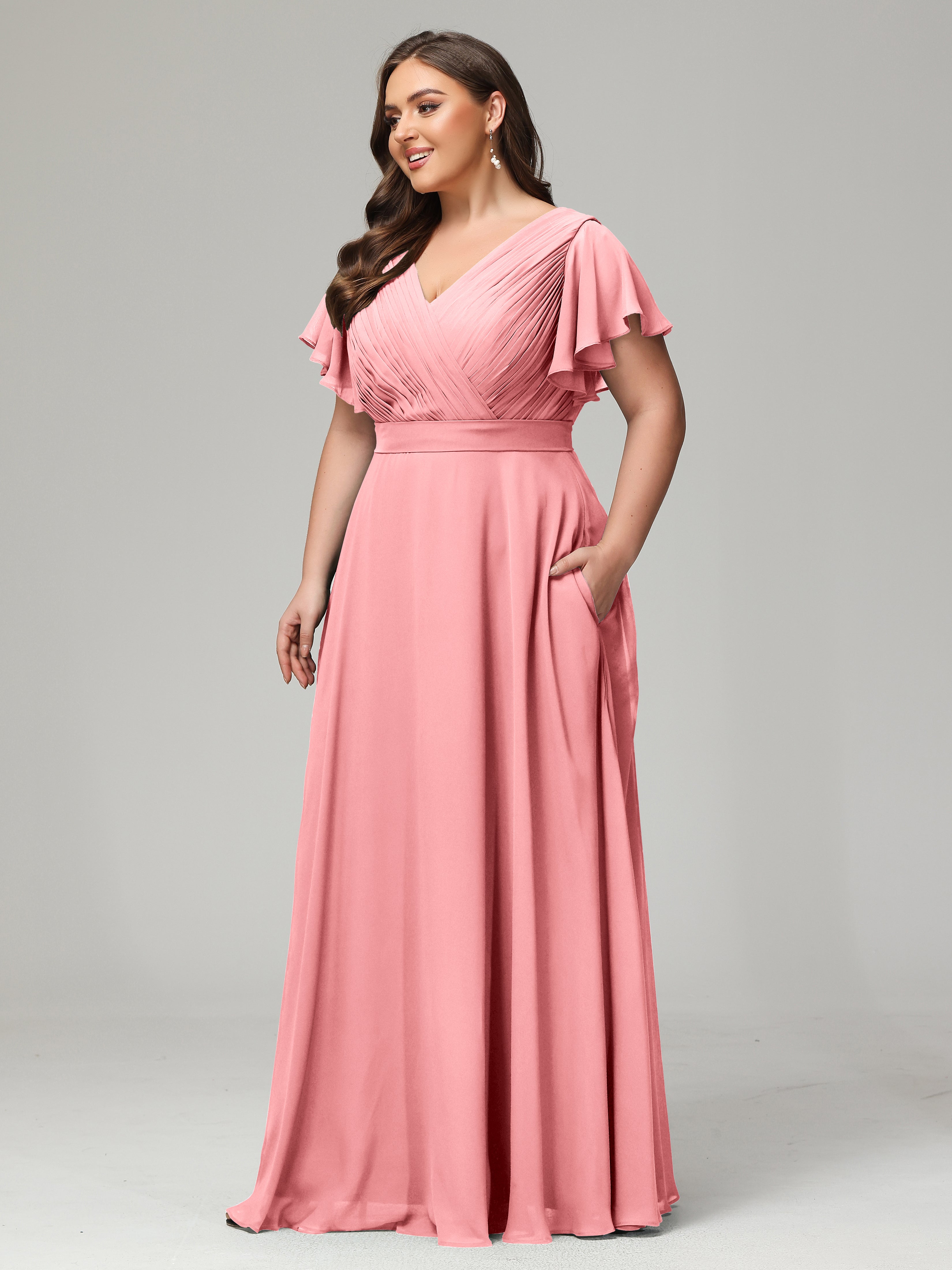 Robes De Demoiselle D'Honneur En Flamant Grande Taille Dos En V Manches Courtes Mousseline