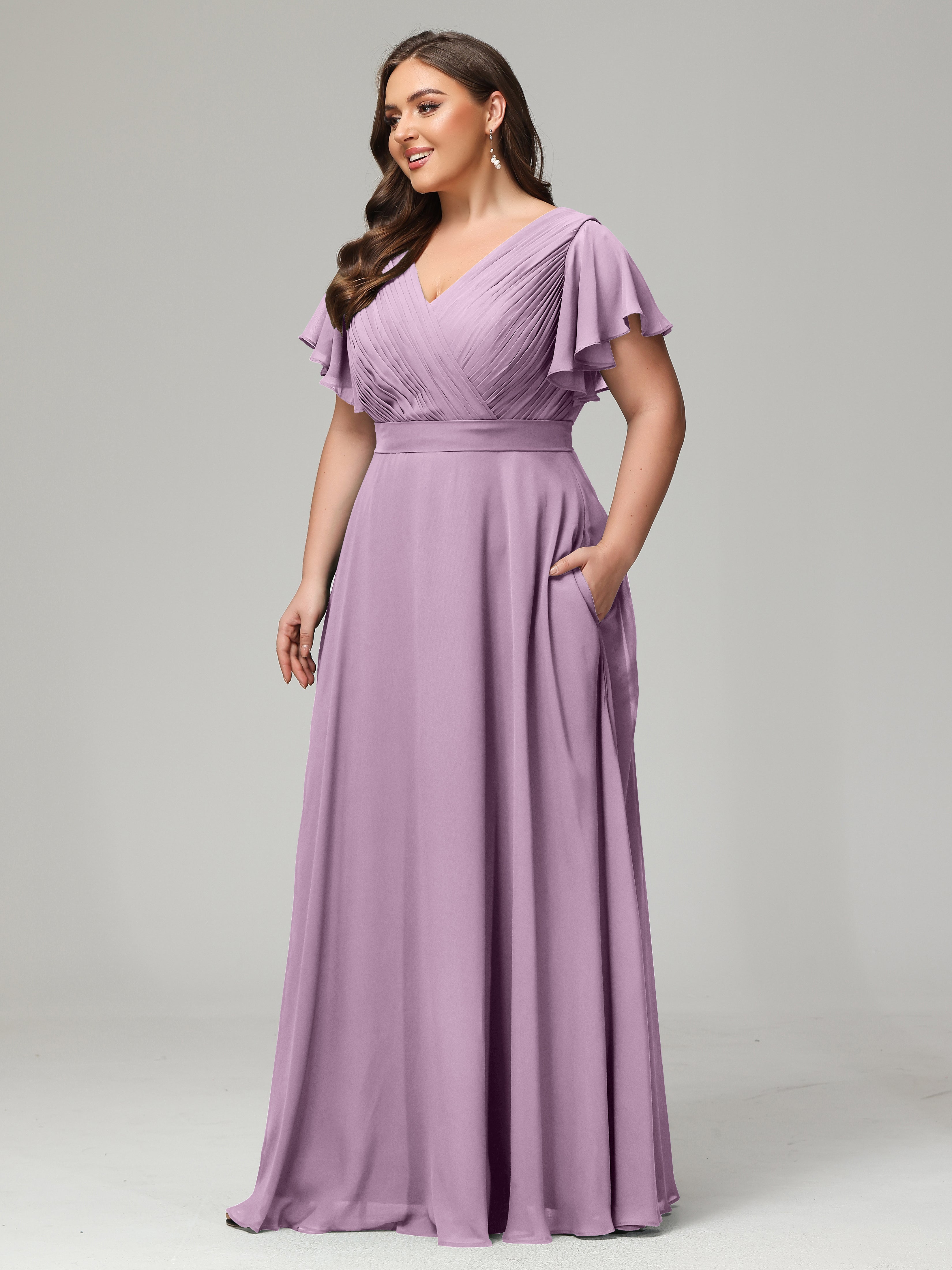 Robes De Demoiselle D'Honneur Glycine Grande Taille Dos En V Manches Courtes Mousseline