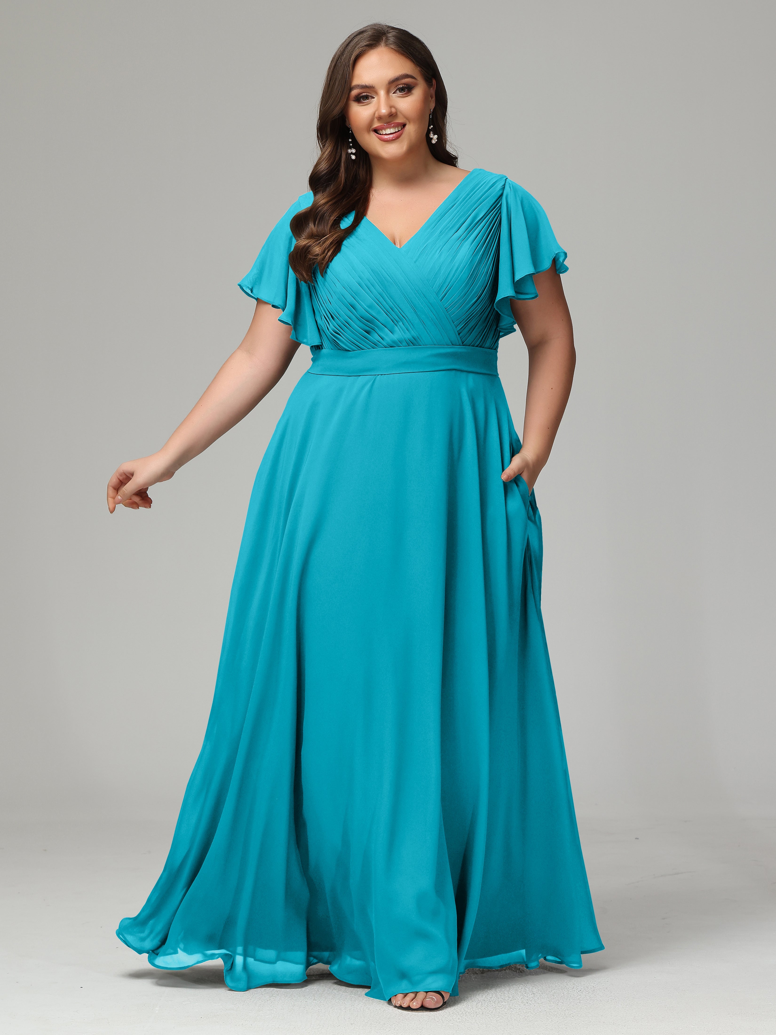 Robes De Demoiselle D'Honneur Vert Jade Grande Taille Dos En V Manches Courtes Mousseline