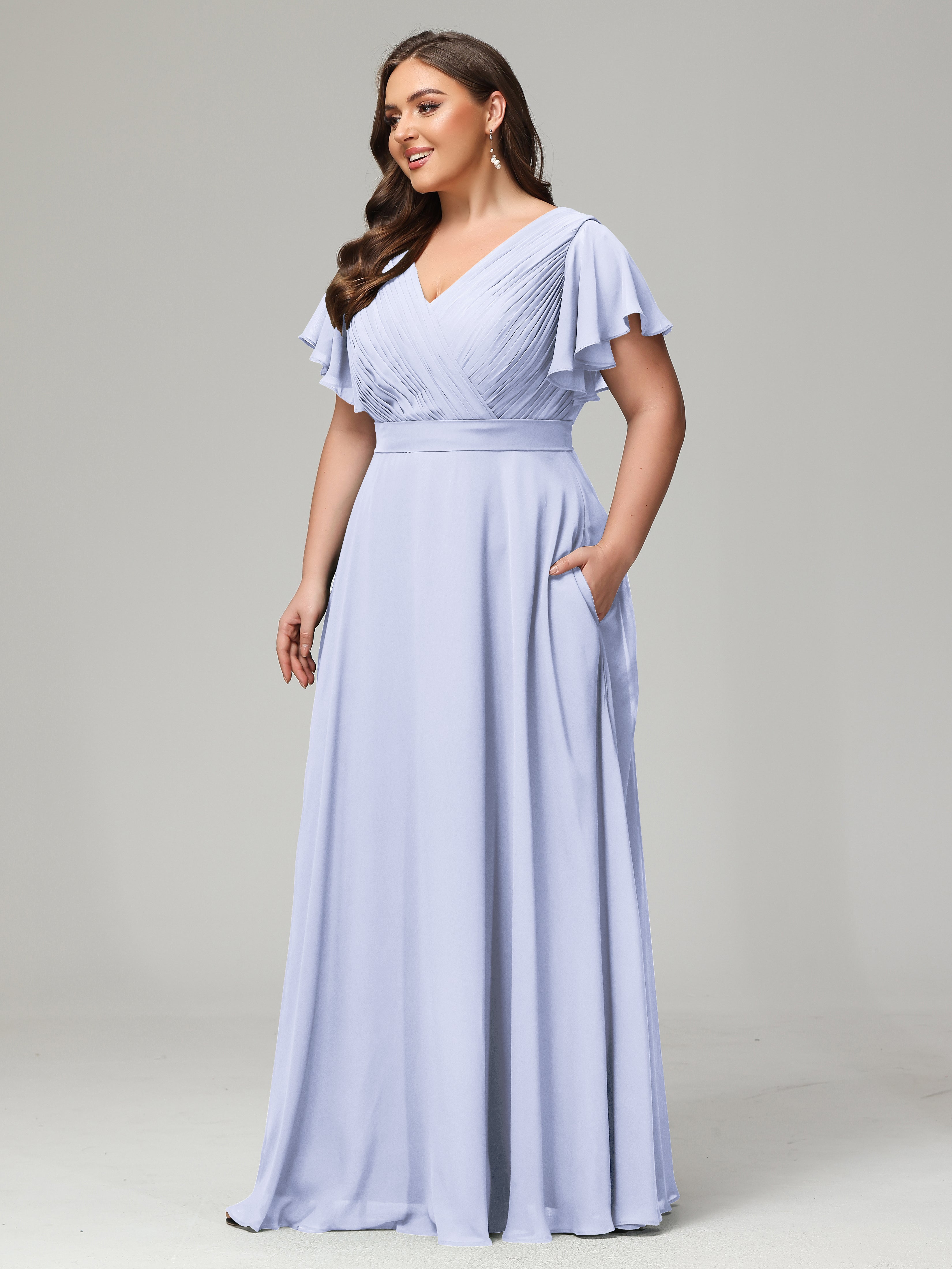 Robe Lavande Demoiselle D Honneur Grande Taille Dos En V Manches Courtes Mousseline