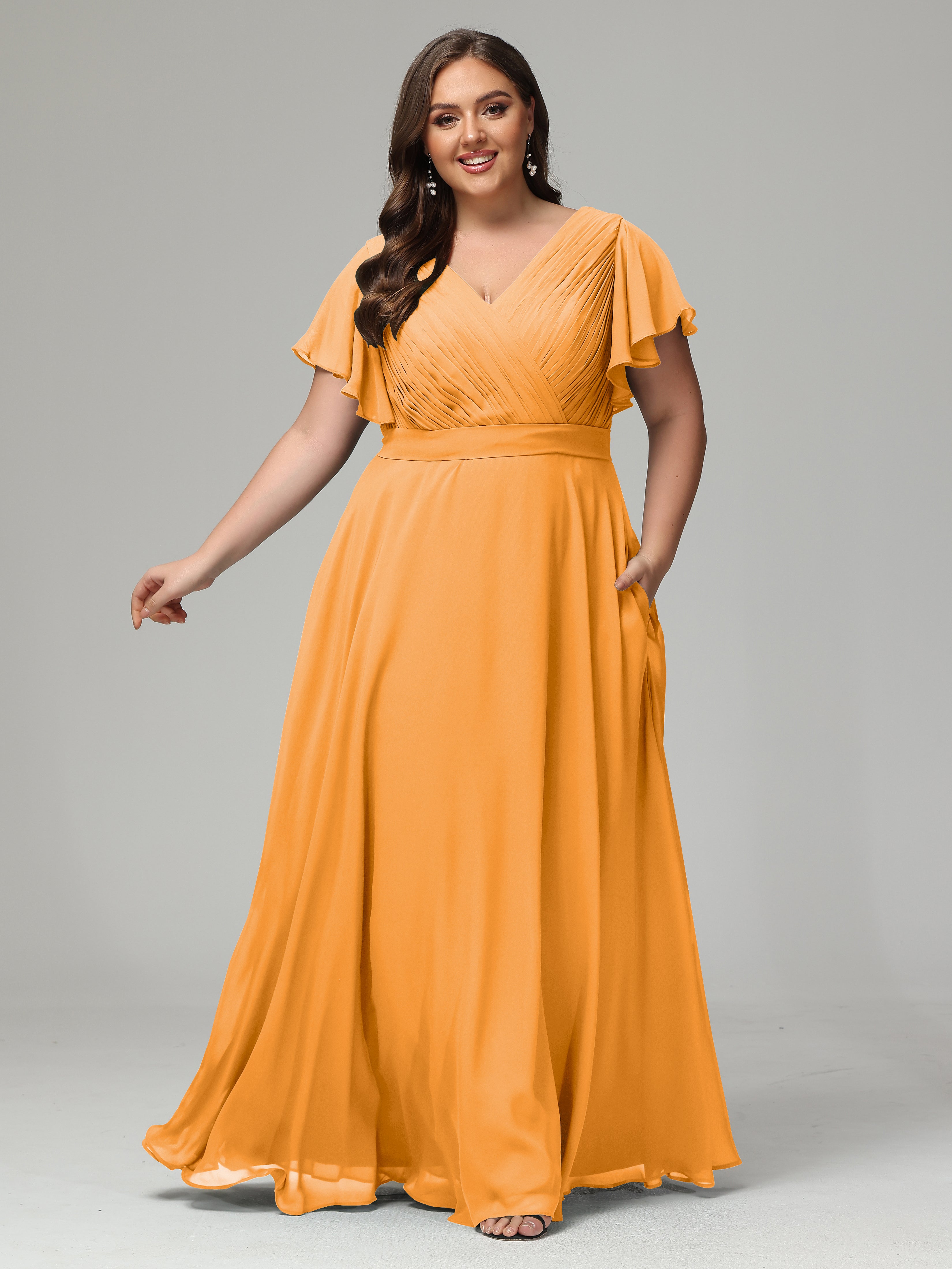 Robes De Demoiselle D'Honneur Mandarine Grande Taille Dos En V Manches Courtes Mousseline