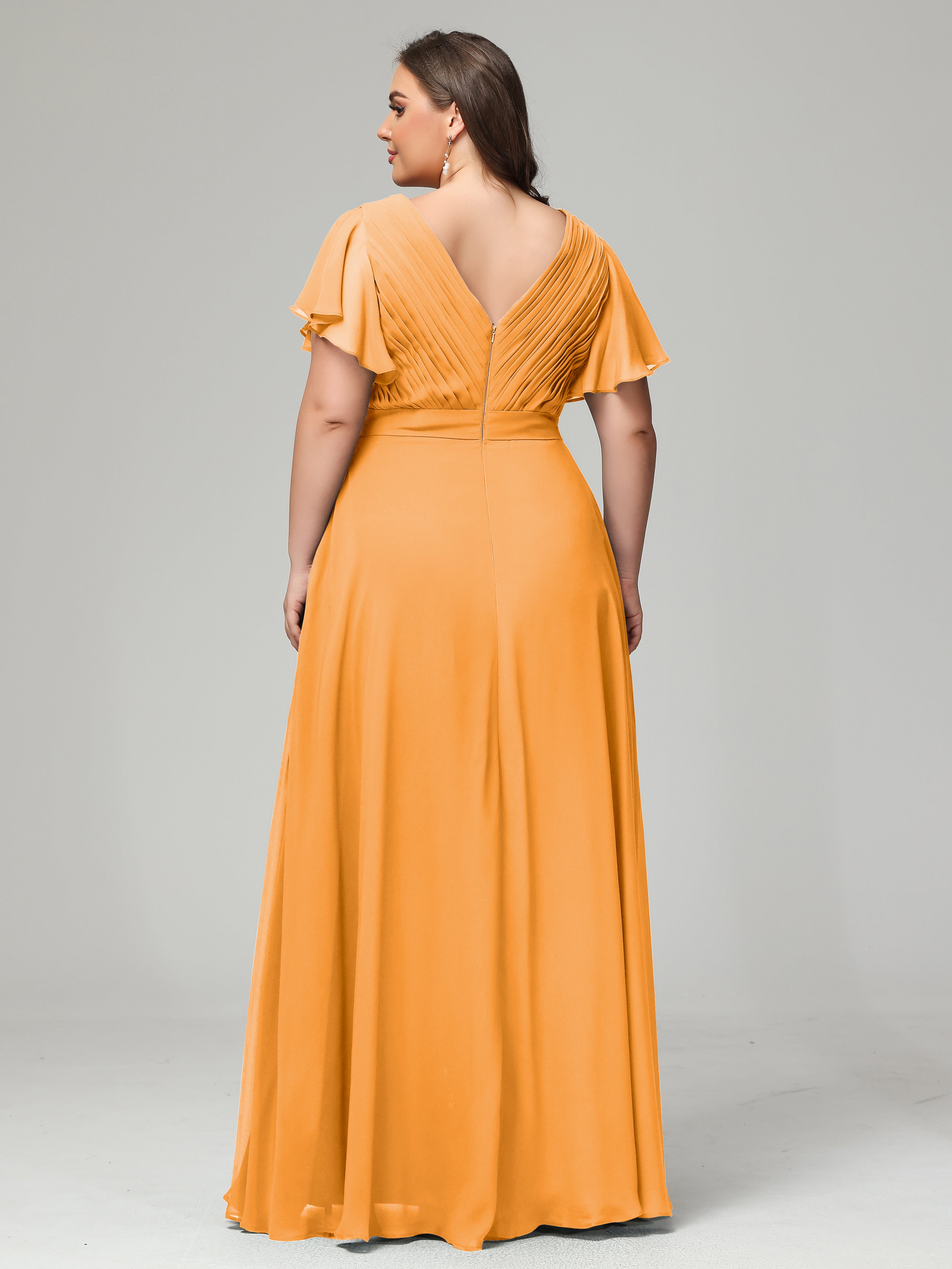 Robes De Demoiselle D'Honneur Mandarine Grande Taille Dos En V Manches Courtes Mousseline