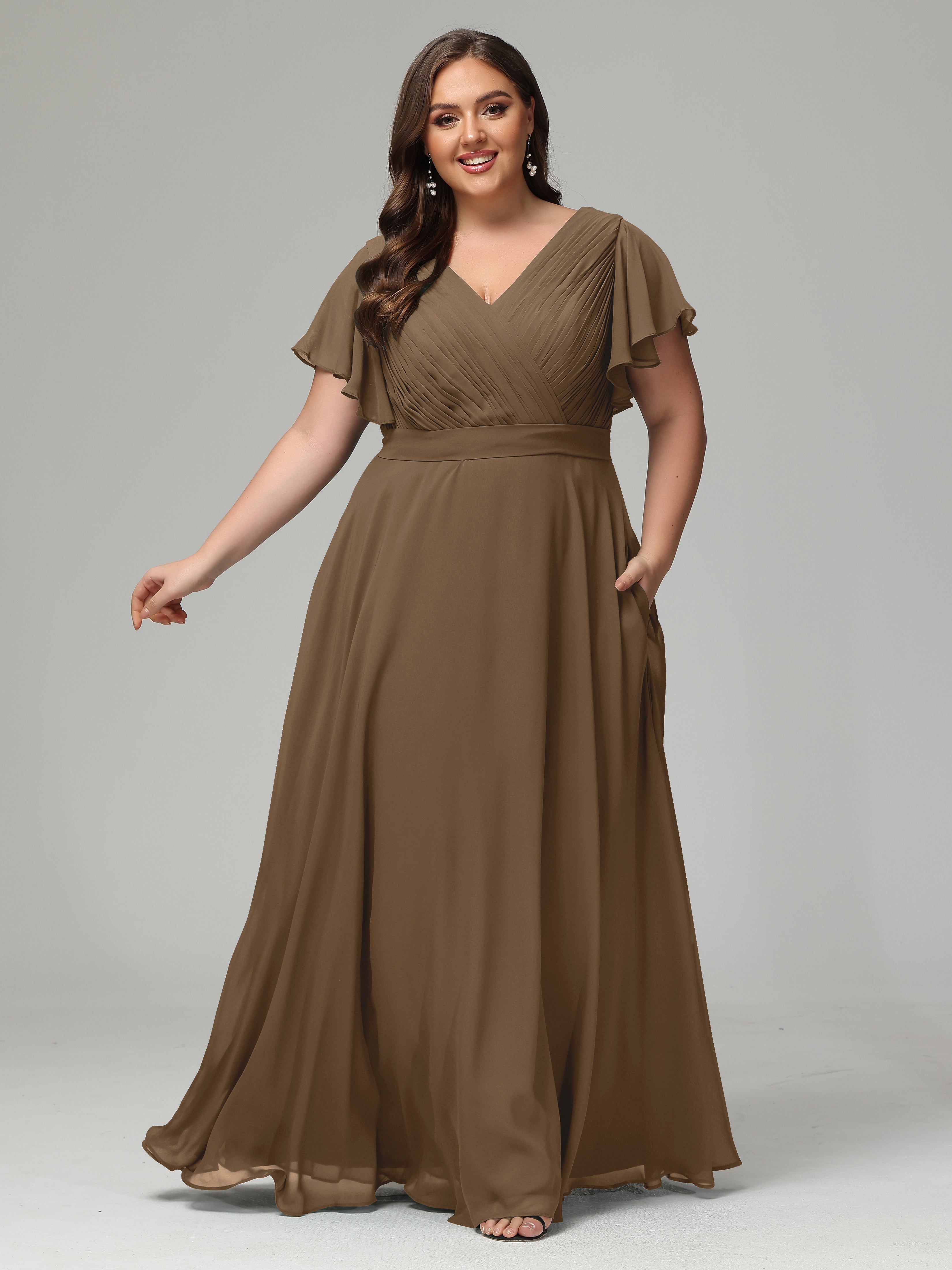 Robe De Demoiselle D'Honneur Moka Dos En V Manches Courtes Mousseline Robes Demoiselle D'Honneur Grande Taille