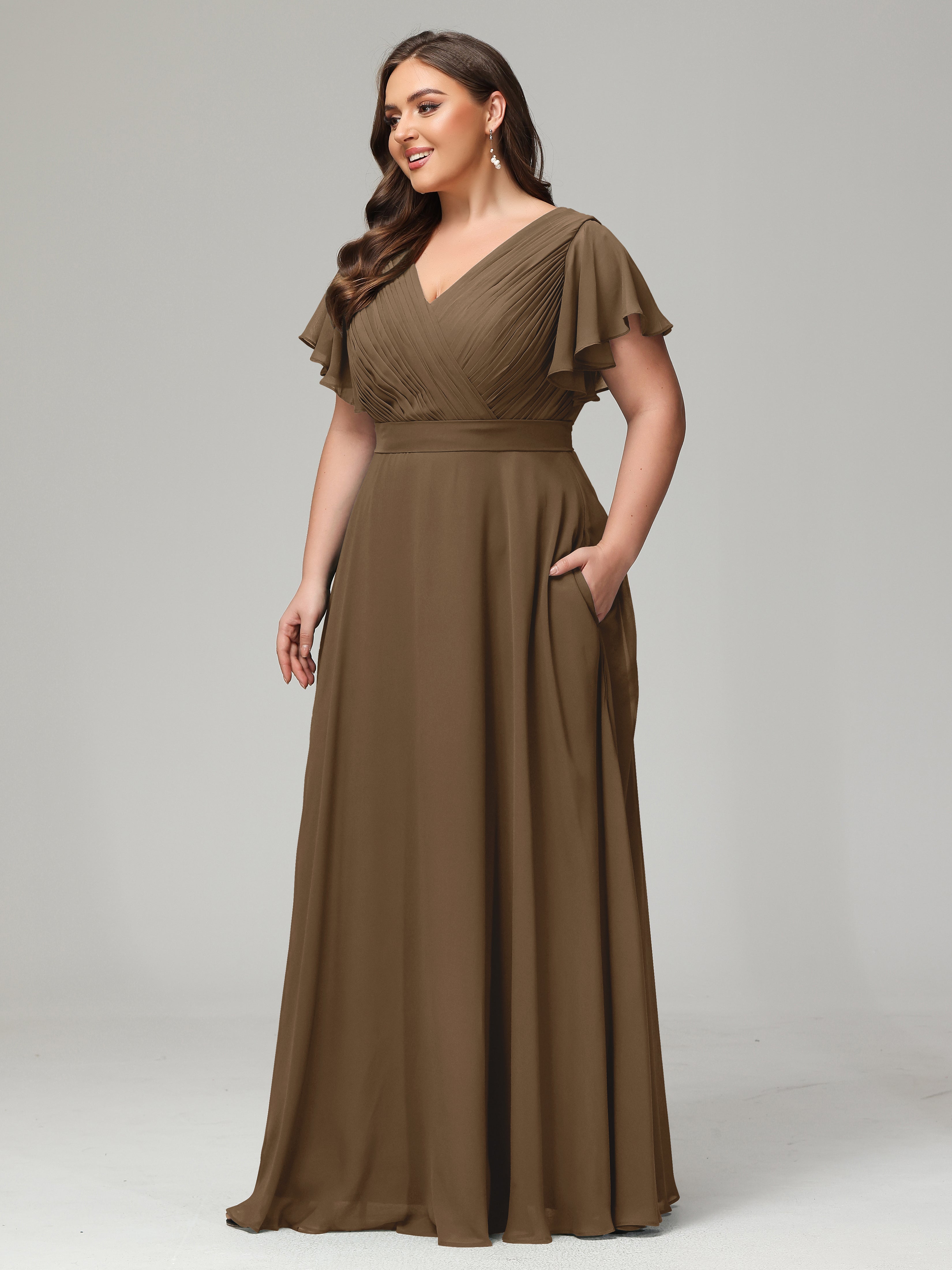 Robe De Demoiselle D'Honneur Moka Dos En V Manches Courtes Mousseline Robes Demoiselle D'Honneur Grande Taille