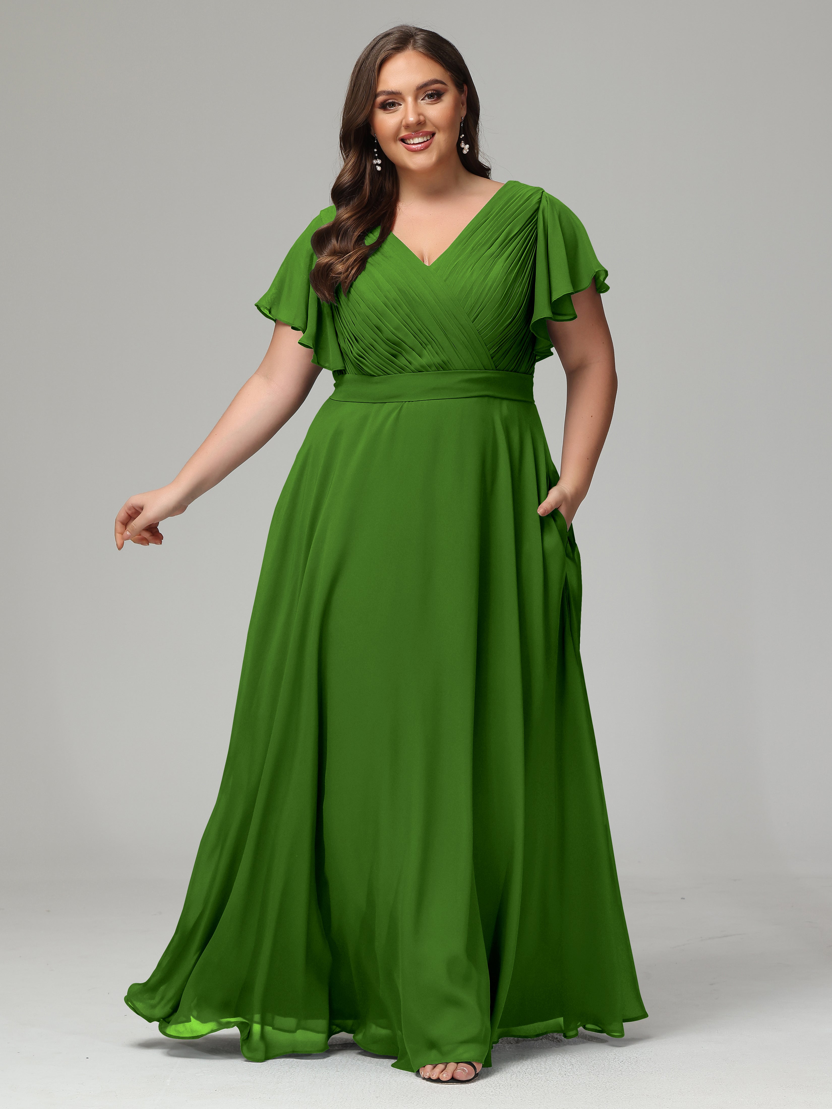 Robes De Demoiselle D'Honneur Vert Mousse Grande Taille Dos En V Manches Courtes Mousseline
