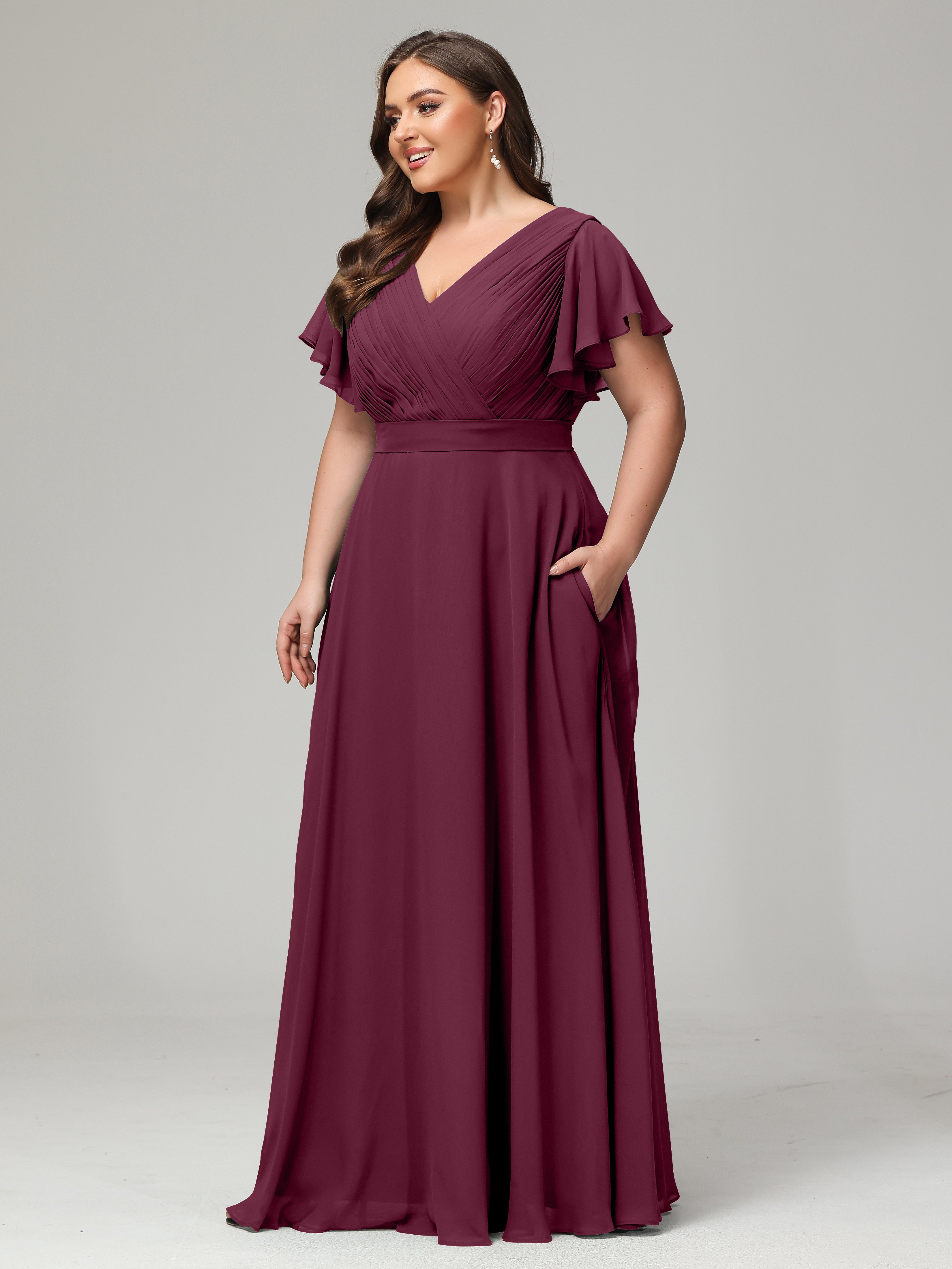 Robes De Demoiselle D'Honneur Mûre Grande Taille Dos En V Manches Courtes Mousseline