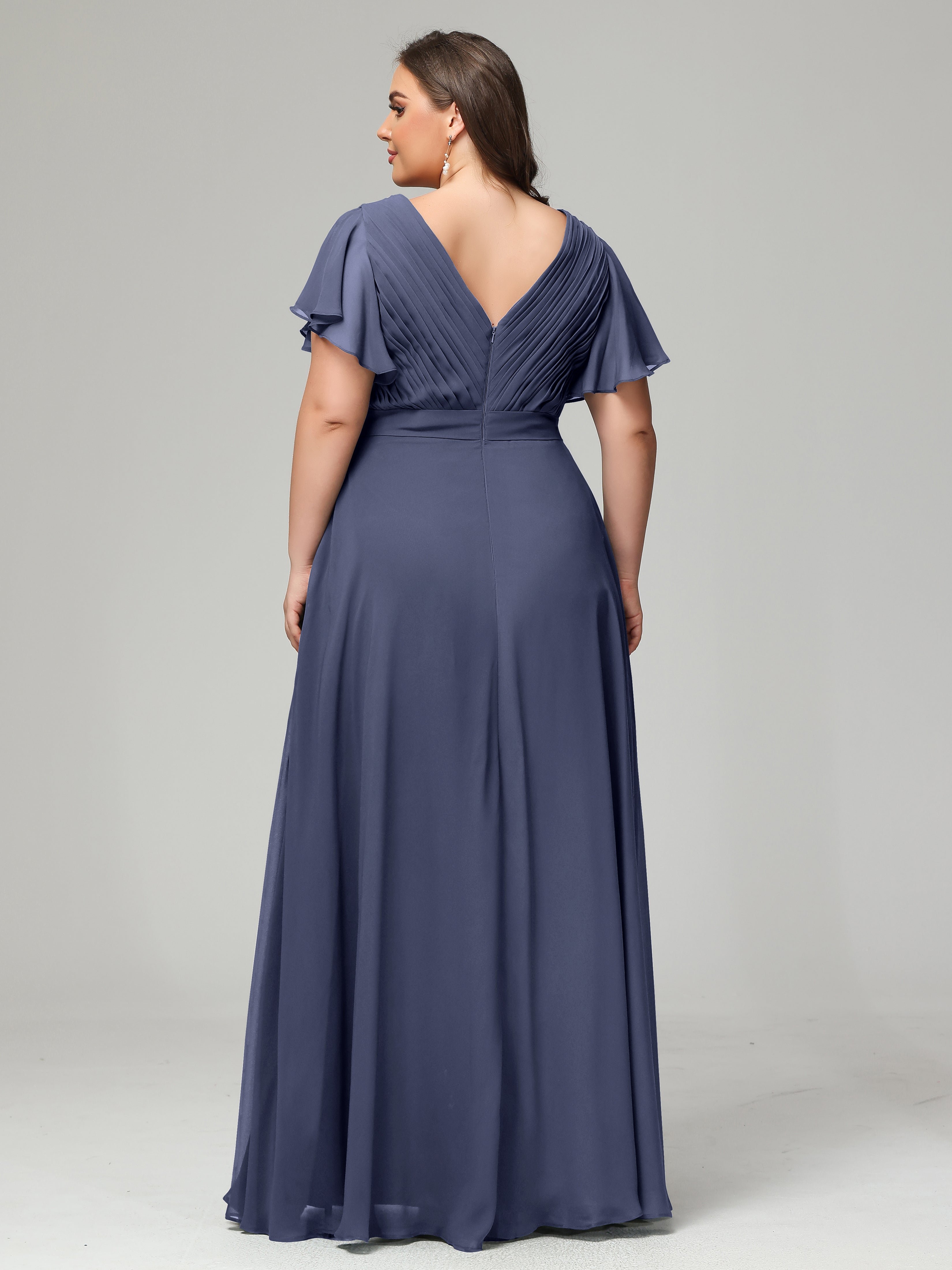 Robes De Demoiselle D'Honneur Bleu Orageux Grande Taille Dos En V Manches Courtes Mousseline