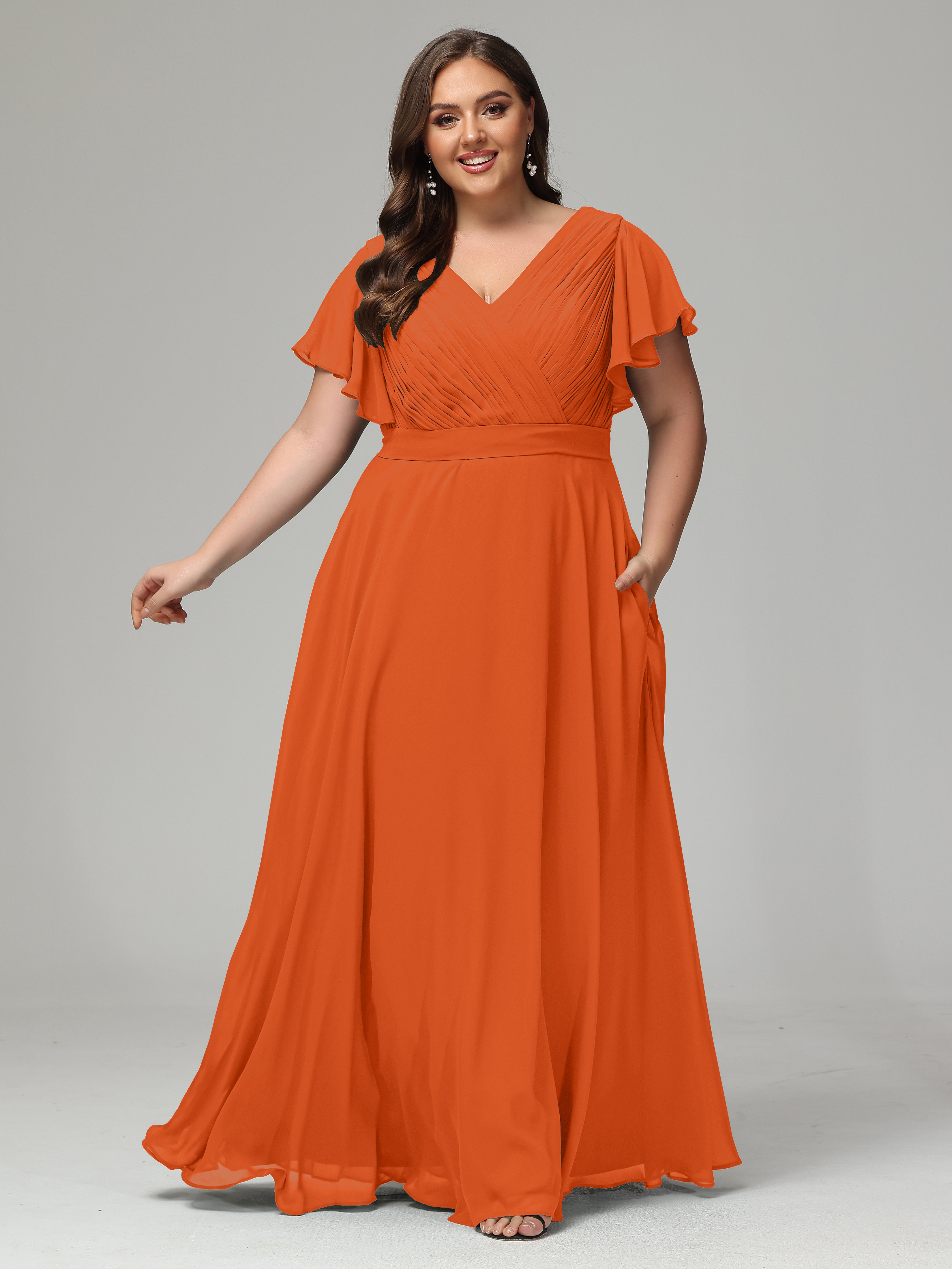 Robes De Demoiselle D'Honneur Orange Foncé Dos En V Manches Courtes Mousseline Robes Demoiselle D'Honneur Grande Taille