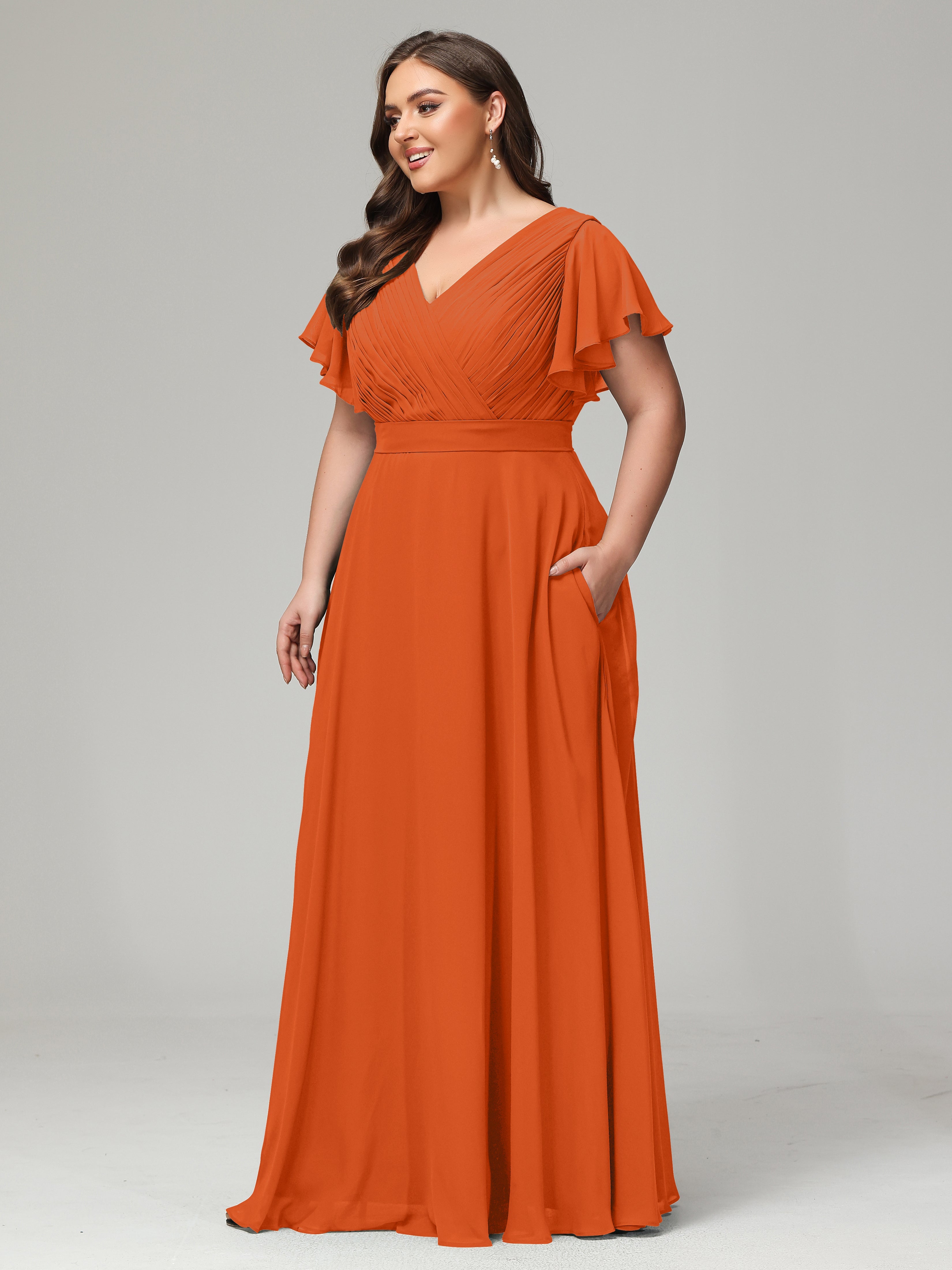 Robes De Demoiselle D'Honneur Orange Foncé Dos En V Manches Courtes Mousseline Robes Demoiselle D'Honneur Grande Taille