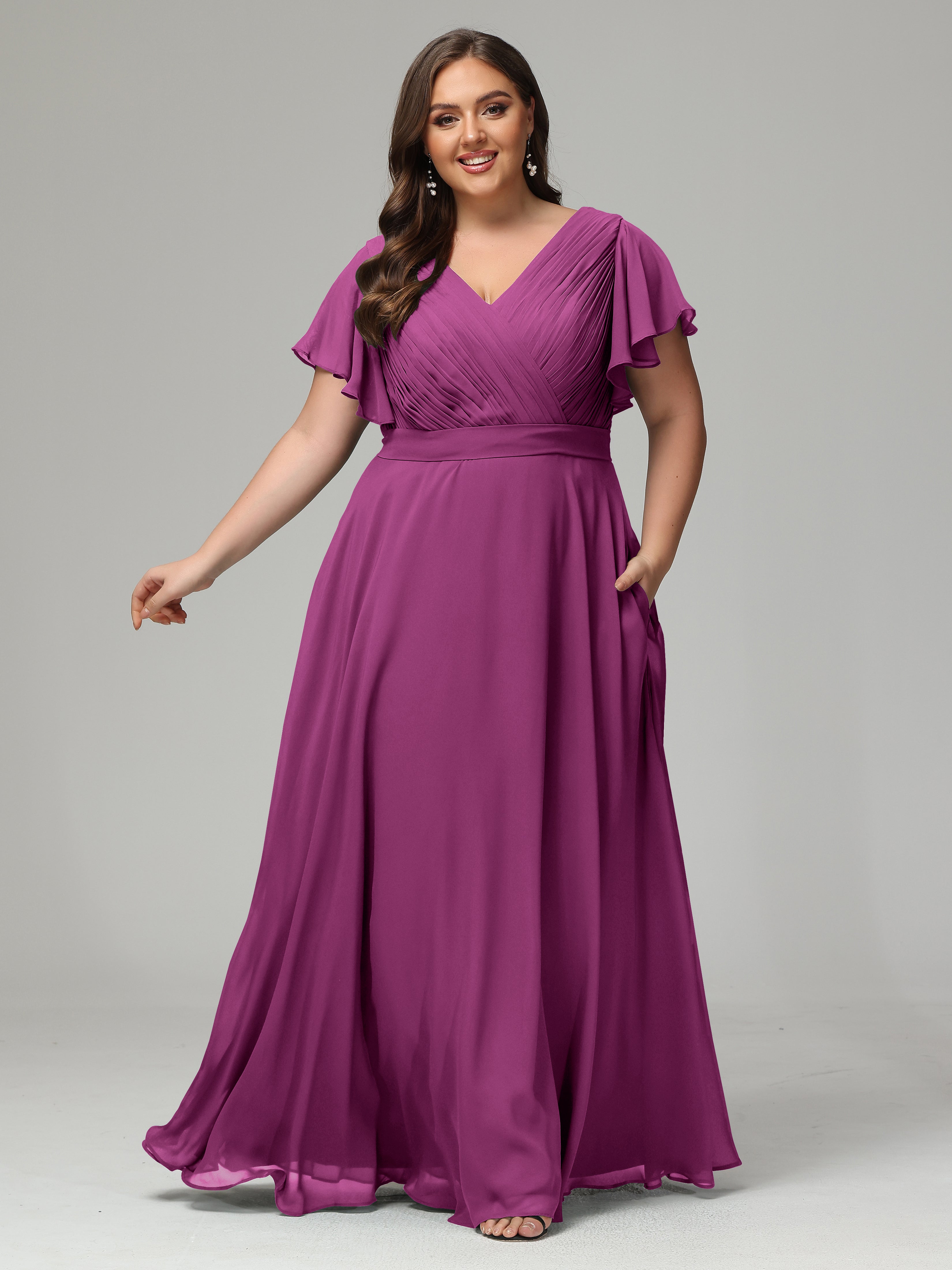Robes De Demoiselle D'Honneur Orchidée Grande Taille Dos En V Manches Courtes Mousseline