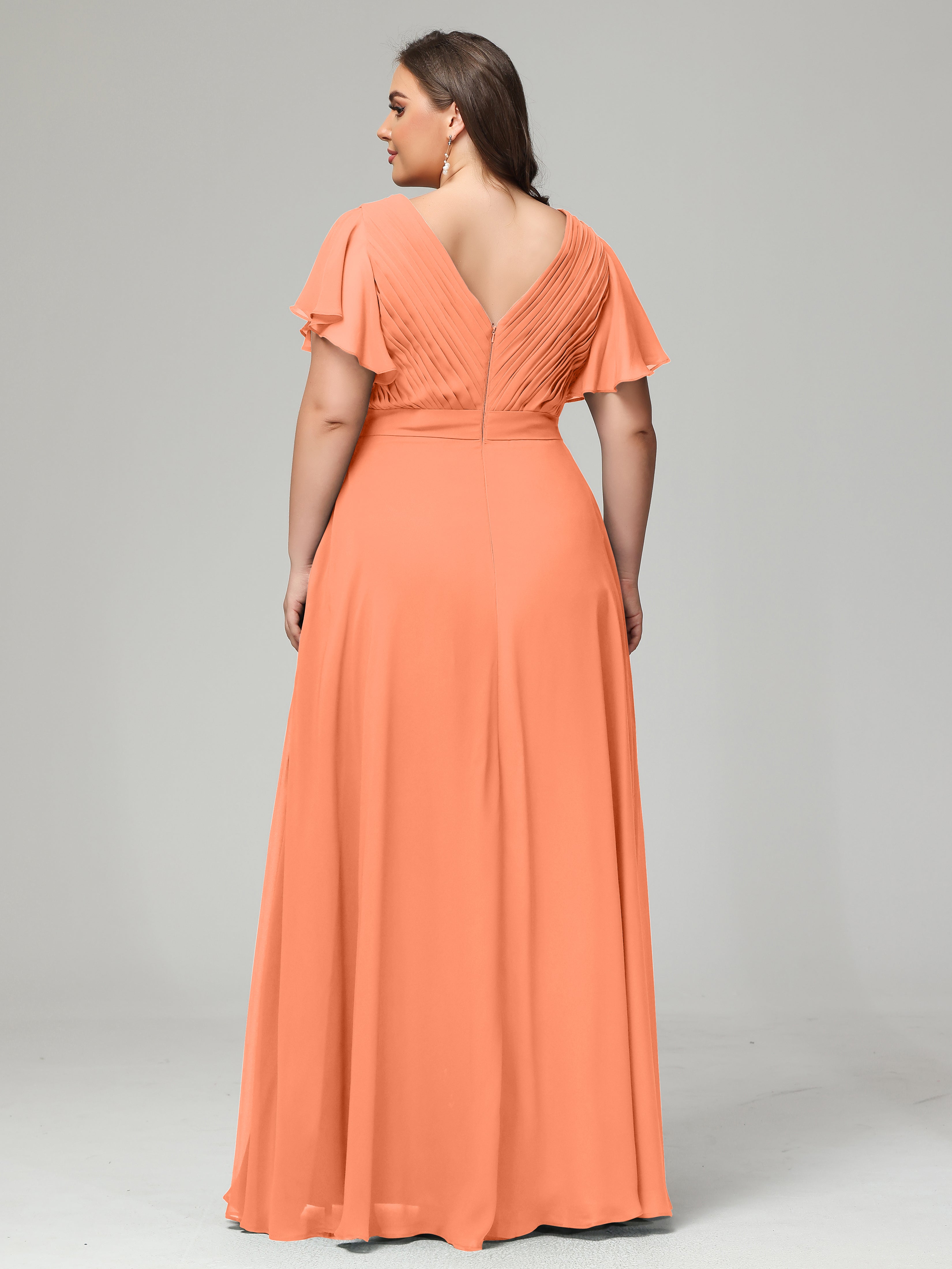 Robes De Demoiselle D'Honneur Papaye Grande Taille Dos En V Manches Courtes Mousseline