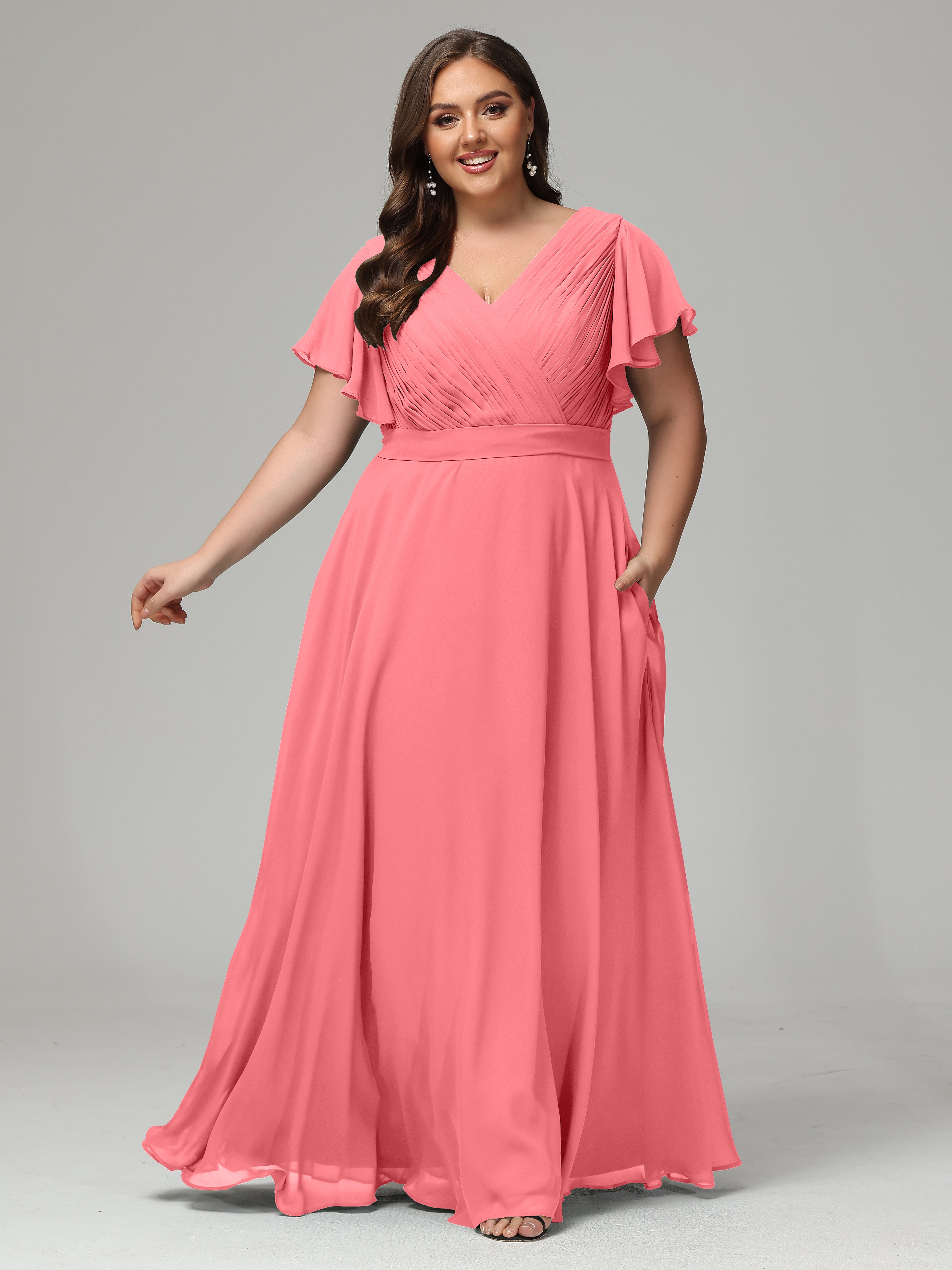 Robes De Demoiselle D'Honneur Pastèque Grande Taille Dos En V Manches Courtes Mousseline