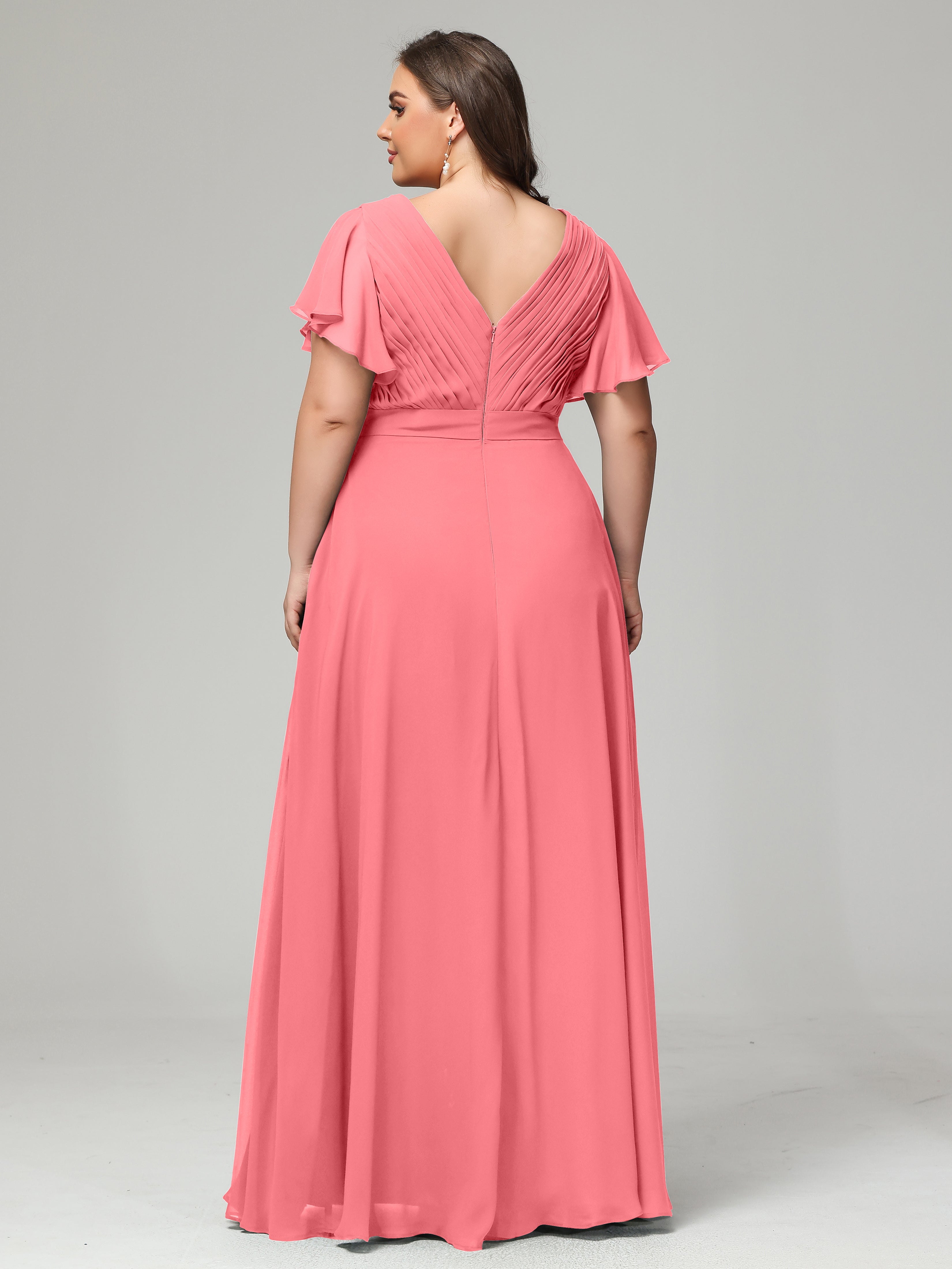 Robes De Demoiselle D'Honneur Pastèque Grande Taille Dos En V Manches Courtes Mousseline