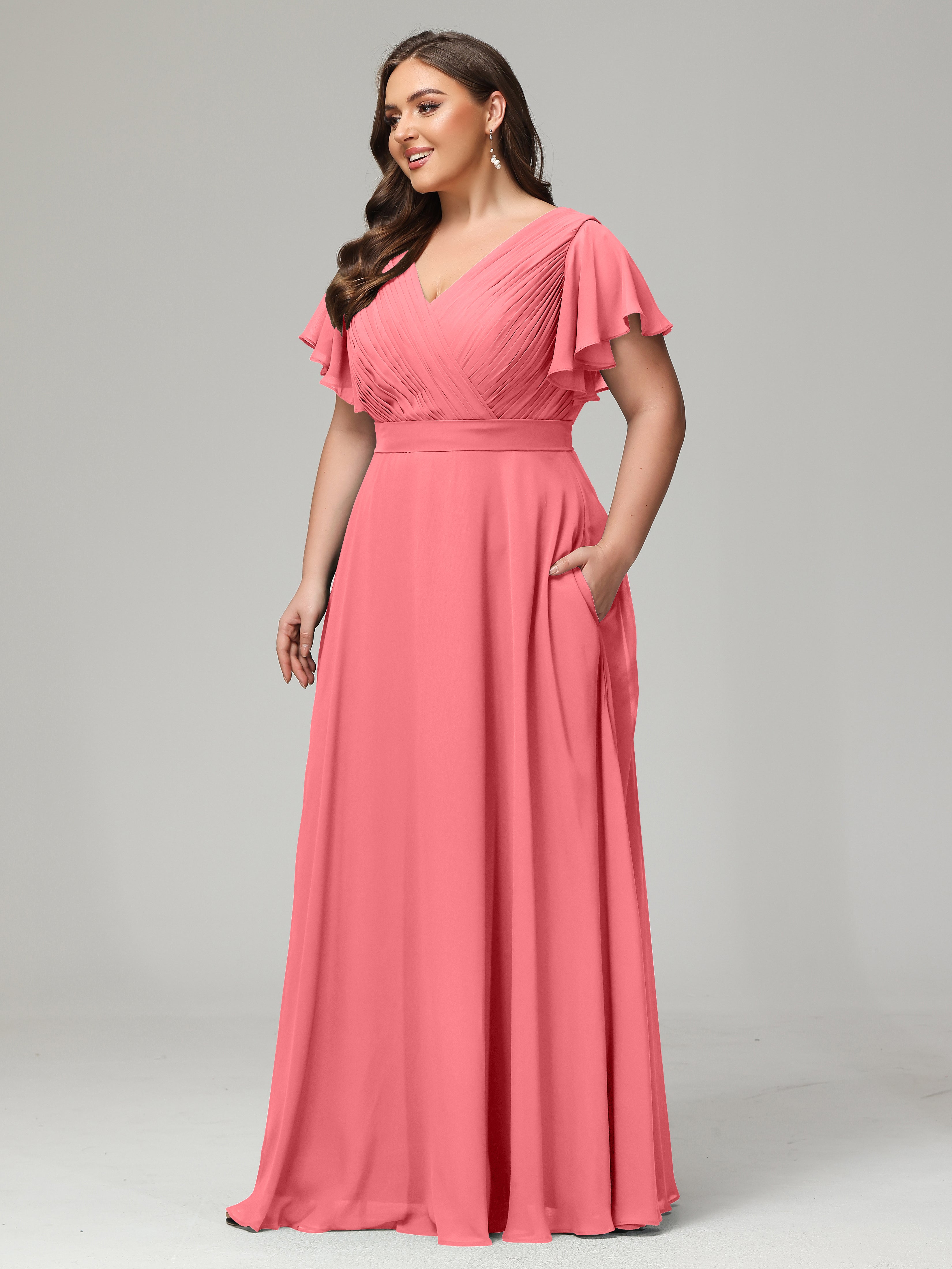 Robes De Demoiselle D'Honneur Pastèque Grande Taille Dos En V Manches Courtes Mousseline