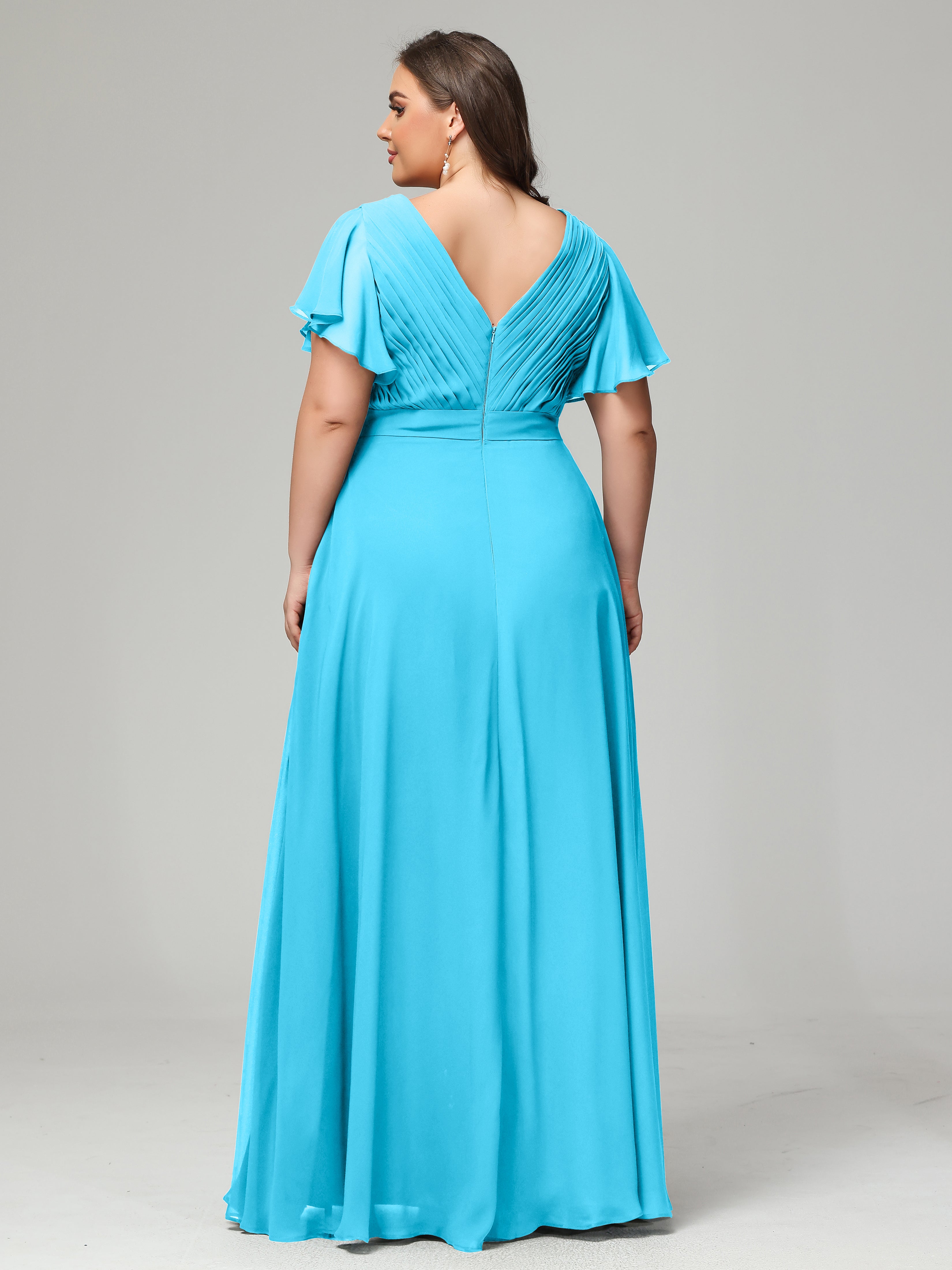 Robe De Demoiselle D'Honneur En Piscine Grande Taille Dos En V Manches Courtes Mousseline