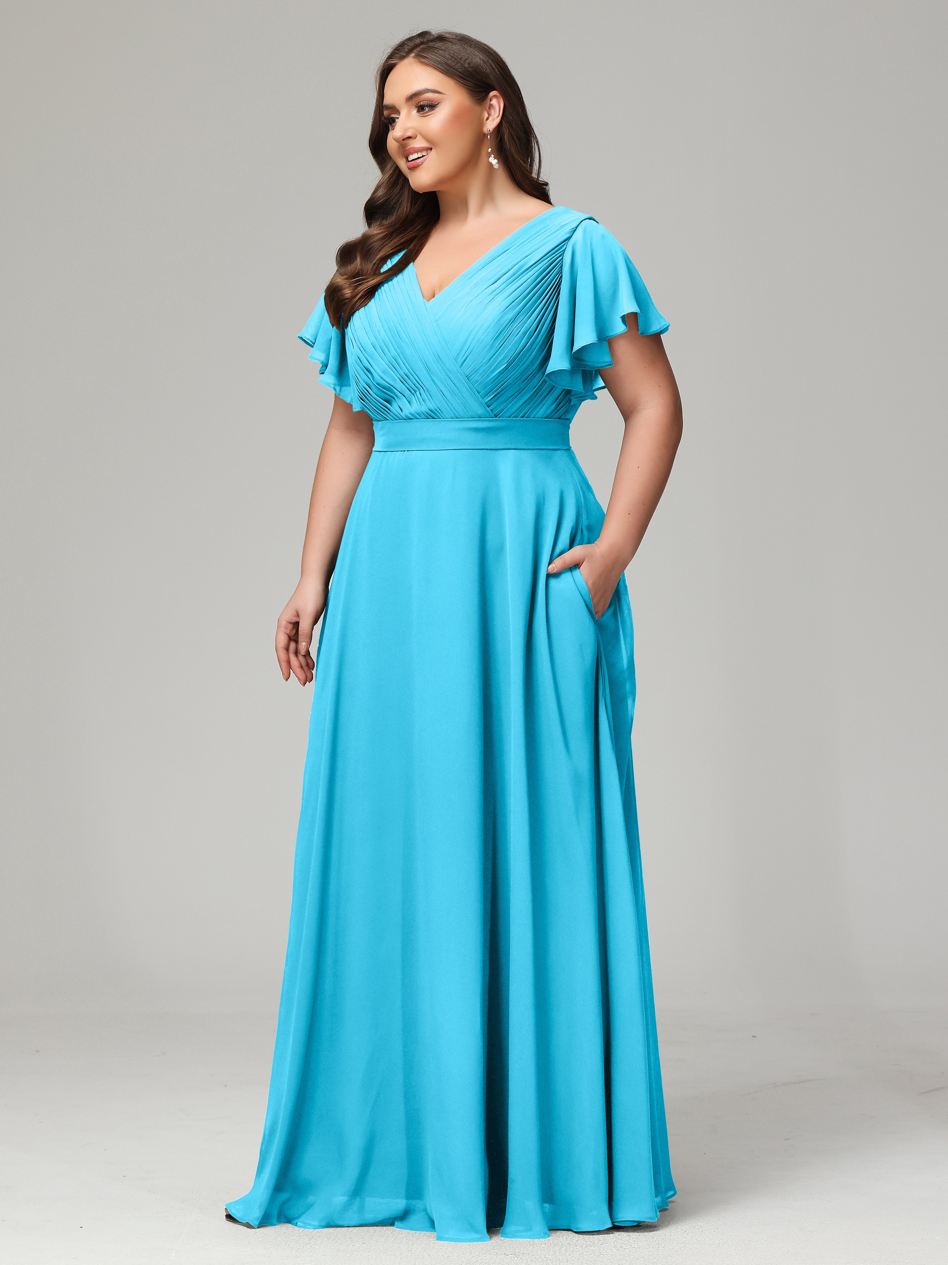 Robe De Demoiselle D'Honneur En Piscine Grande Taille Dos En V Manches Courtes Mousseline