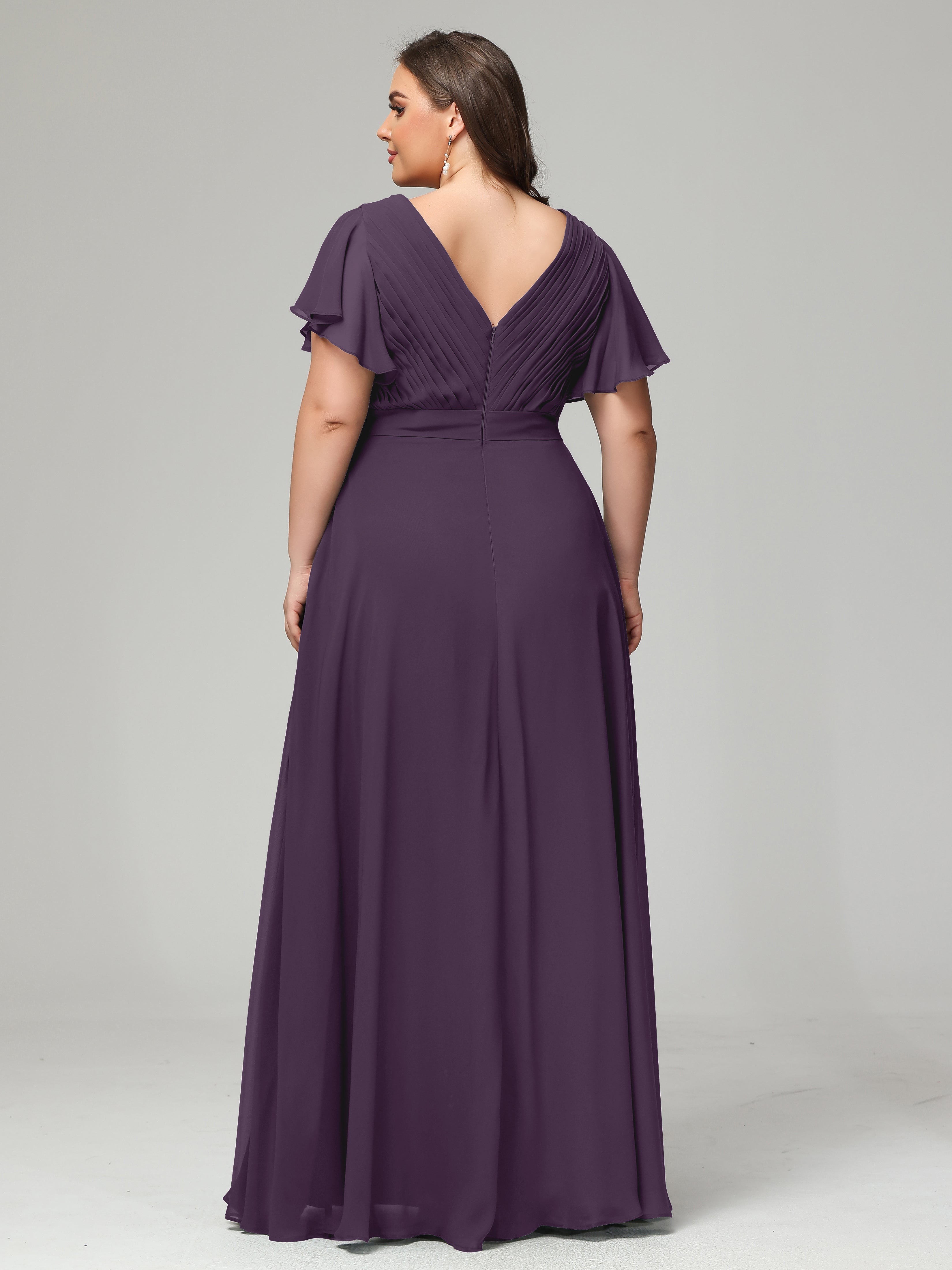 Robe De Demoiselle D'Honneur En Plum Grande Taille Dos En V Manches Courtes Mousseline