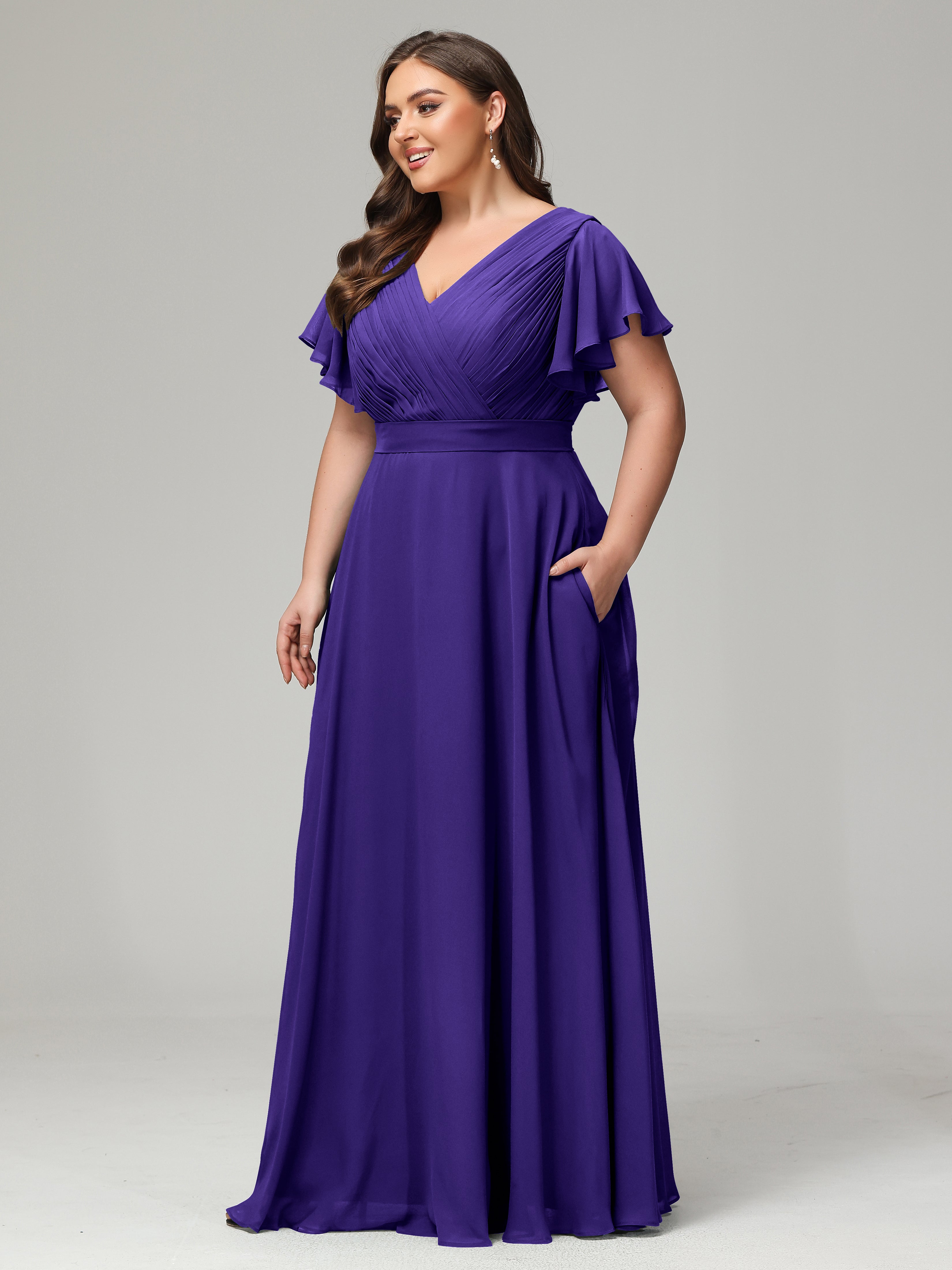 Robes De Demoiselle D'Honneur En Régence Grande Taille Dos En V Manches Courtes Mousseline