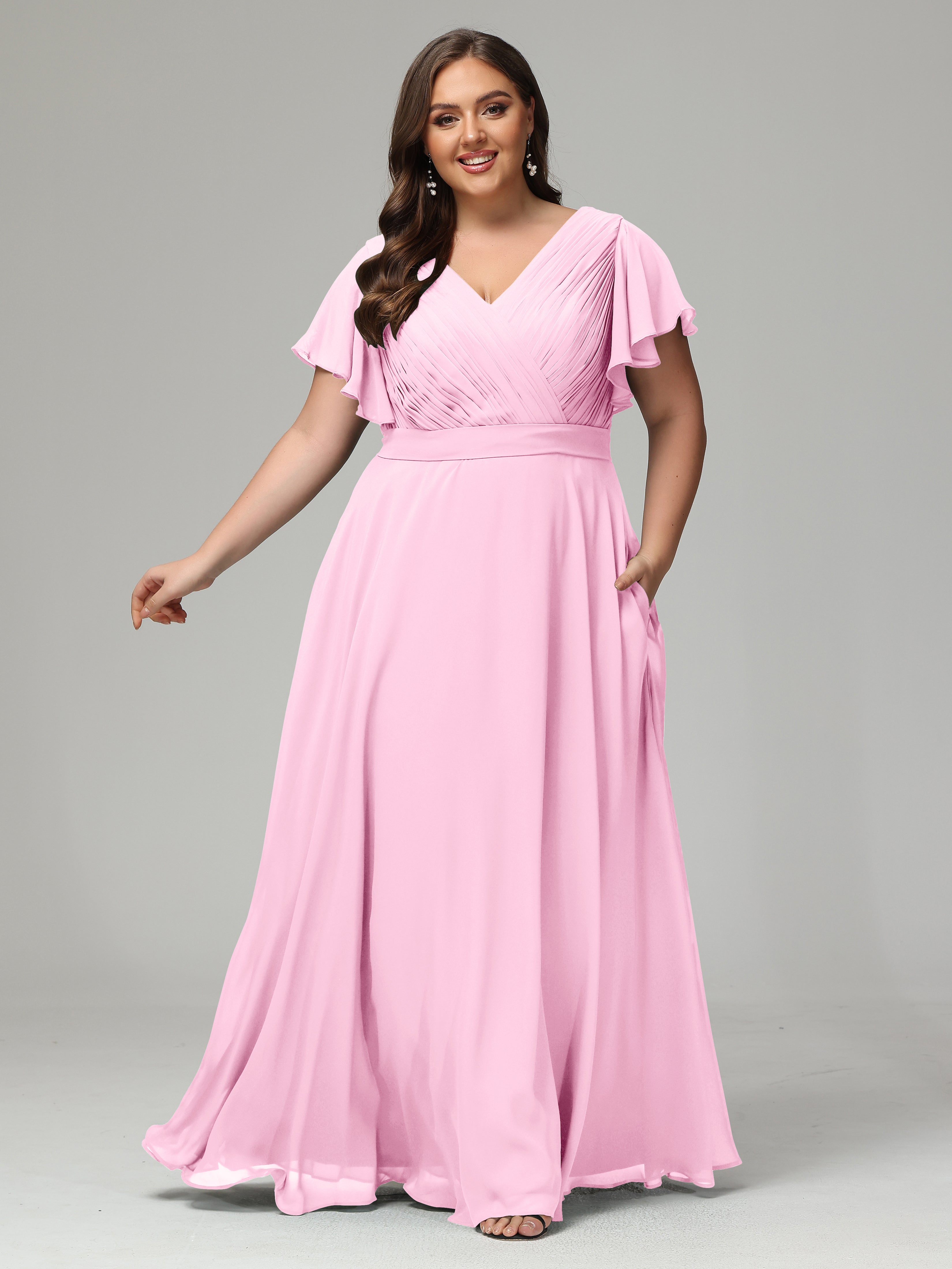 Robes De Demoiselle D'Honneur Rose Bonbon Grande Taille Dos En V Manches Courtes Mousseline