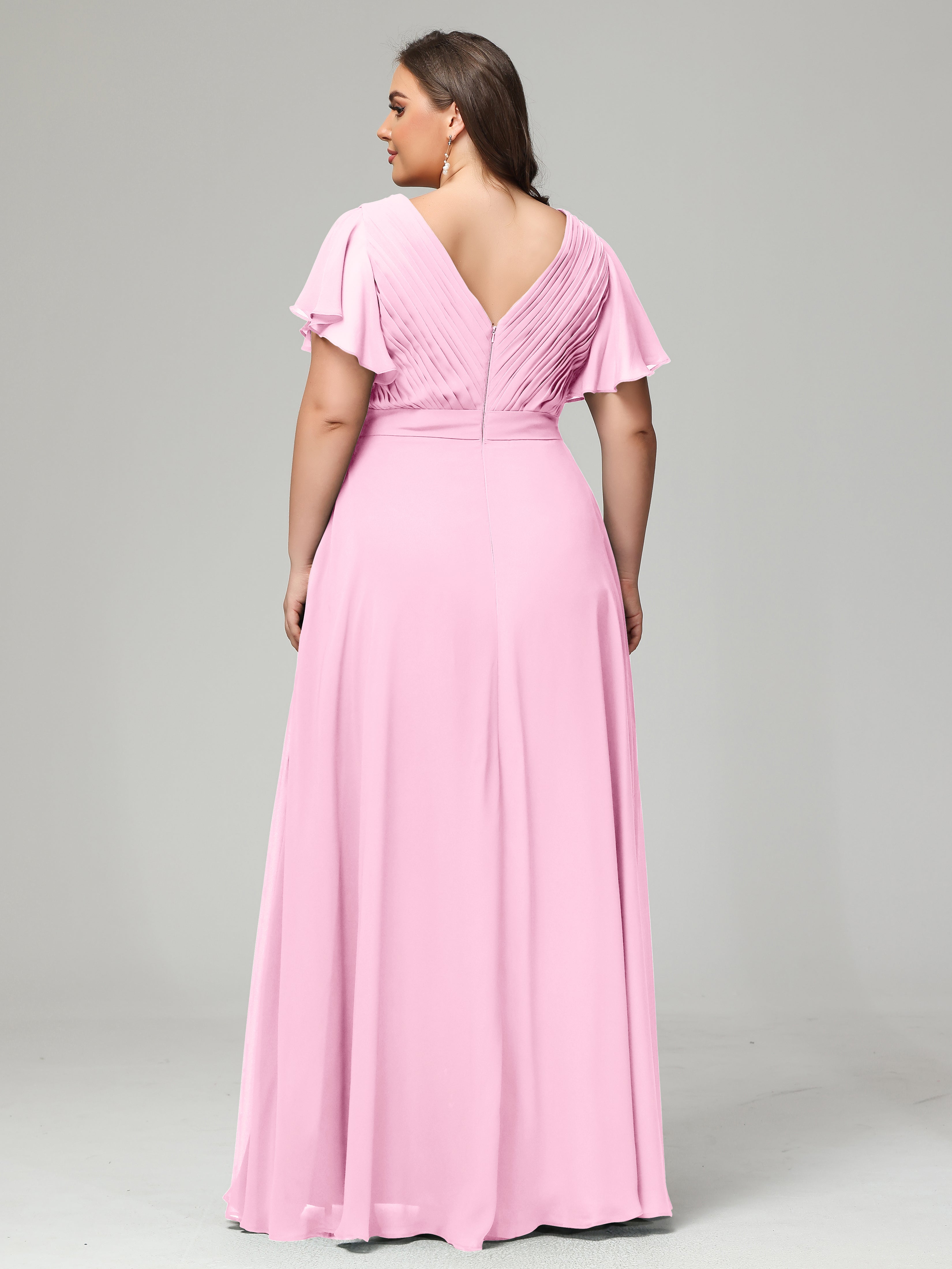 Robes De Demoiselle D'Honneur Rose Bonbon Grande Taille Dos En V Manches Courtes Mousseline